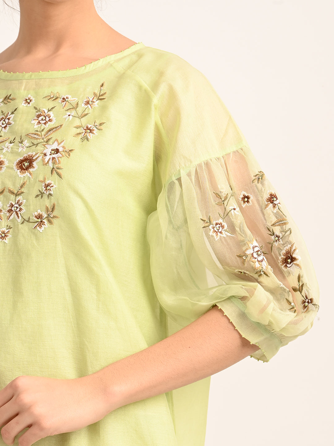 Green Silk Chanderi Dress with Hand-Embroidered Detailing