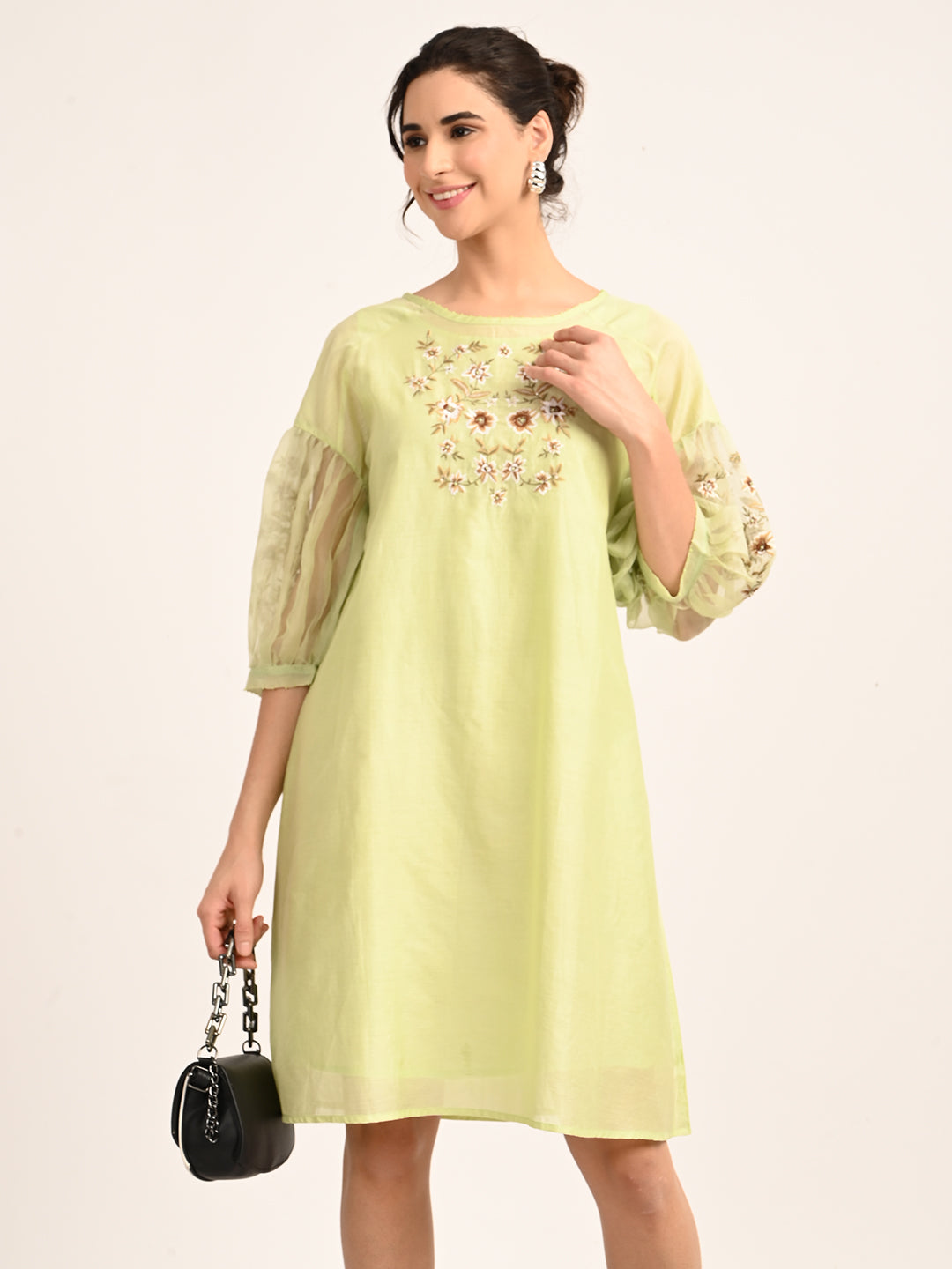 Green Silk Chanderi Dress with Hand-Embroidered Detailing