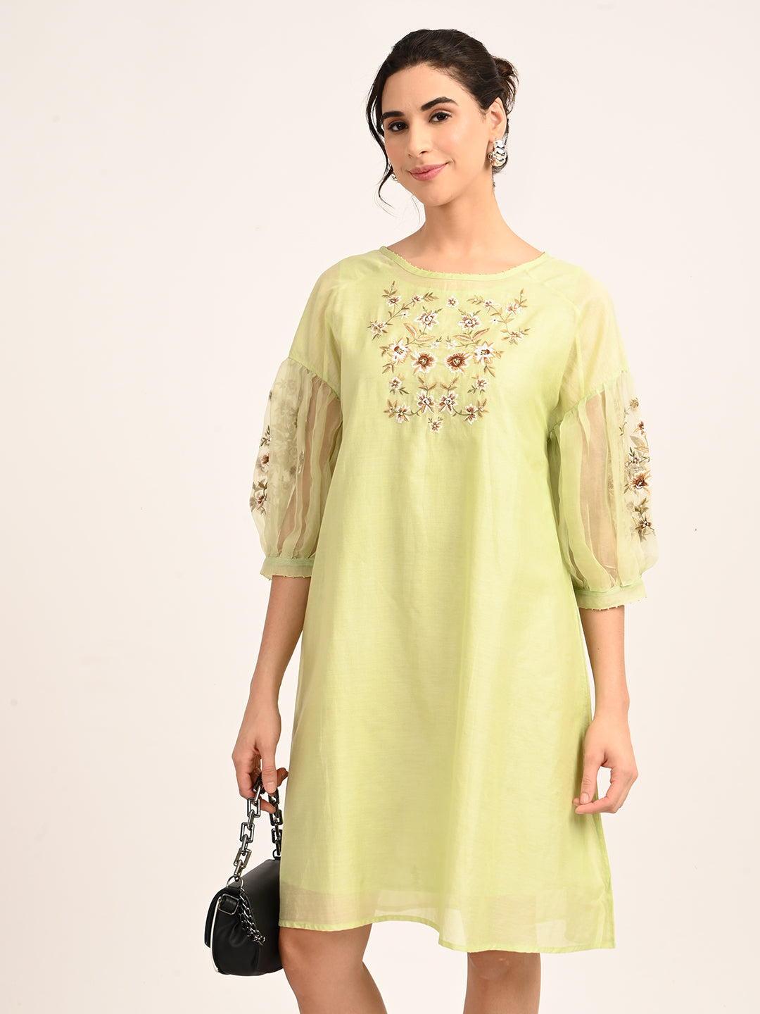 Green Silk Chanderi Dress with Hand-Embroidered Detailing