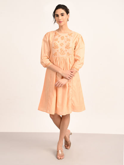 Peach Chanderi Embroidery Dress