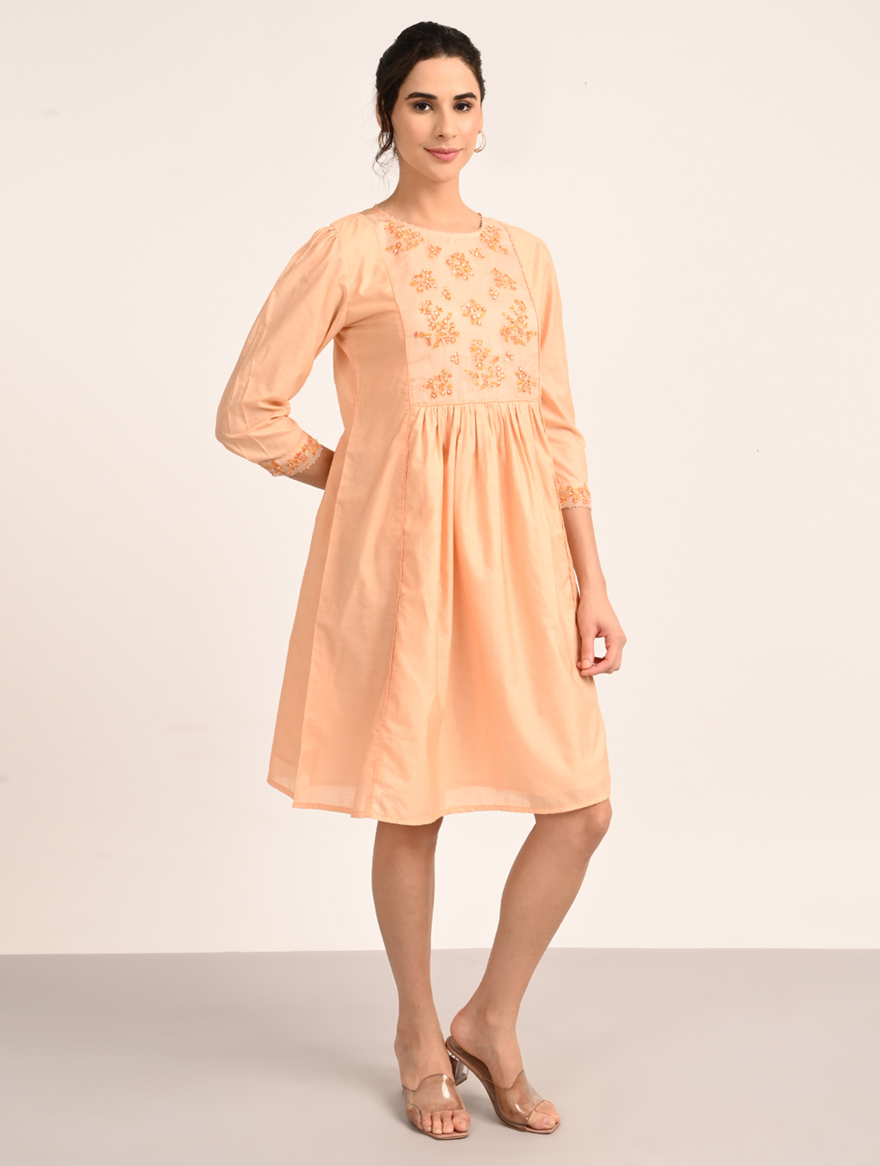 Peach Chanderi Embroidery Dress