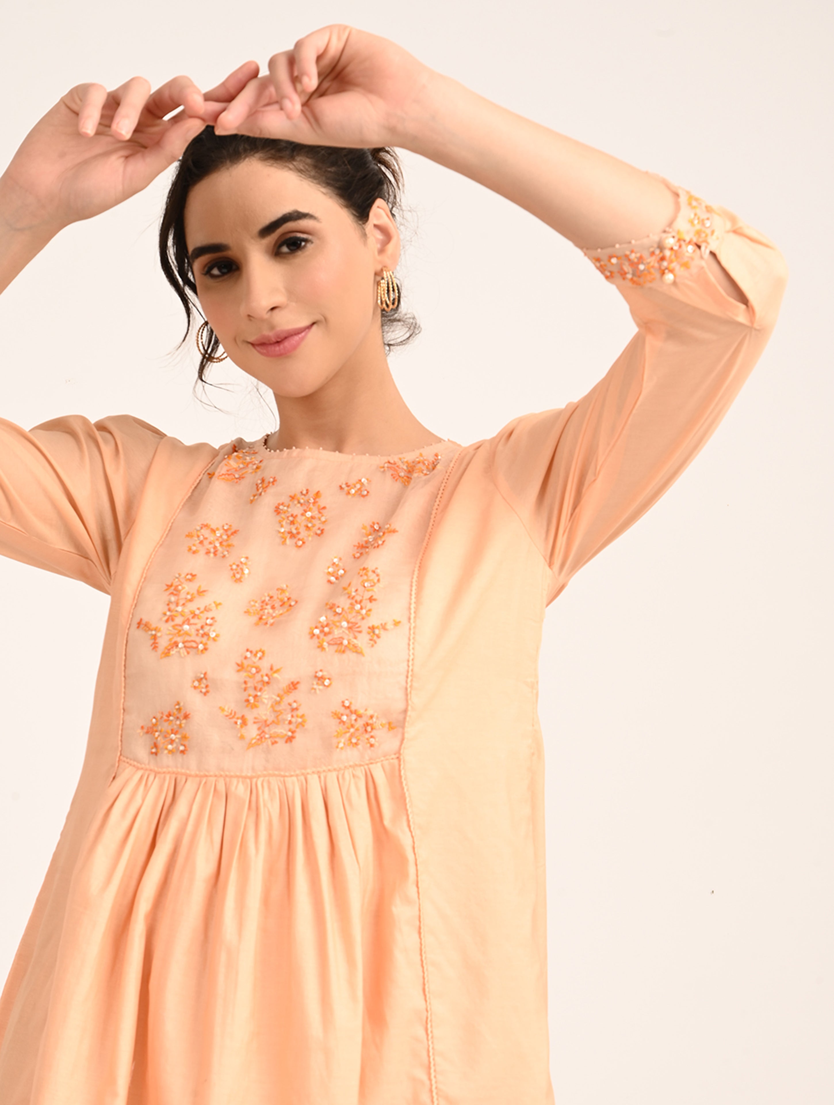 Peach Chanderi Embroidery Dress