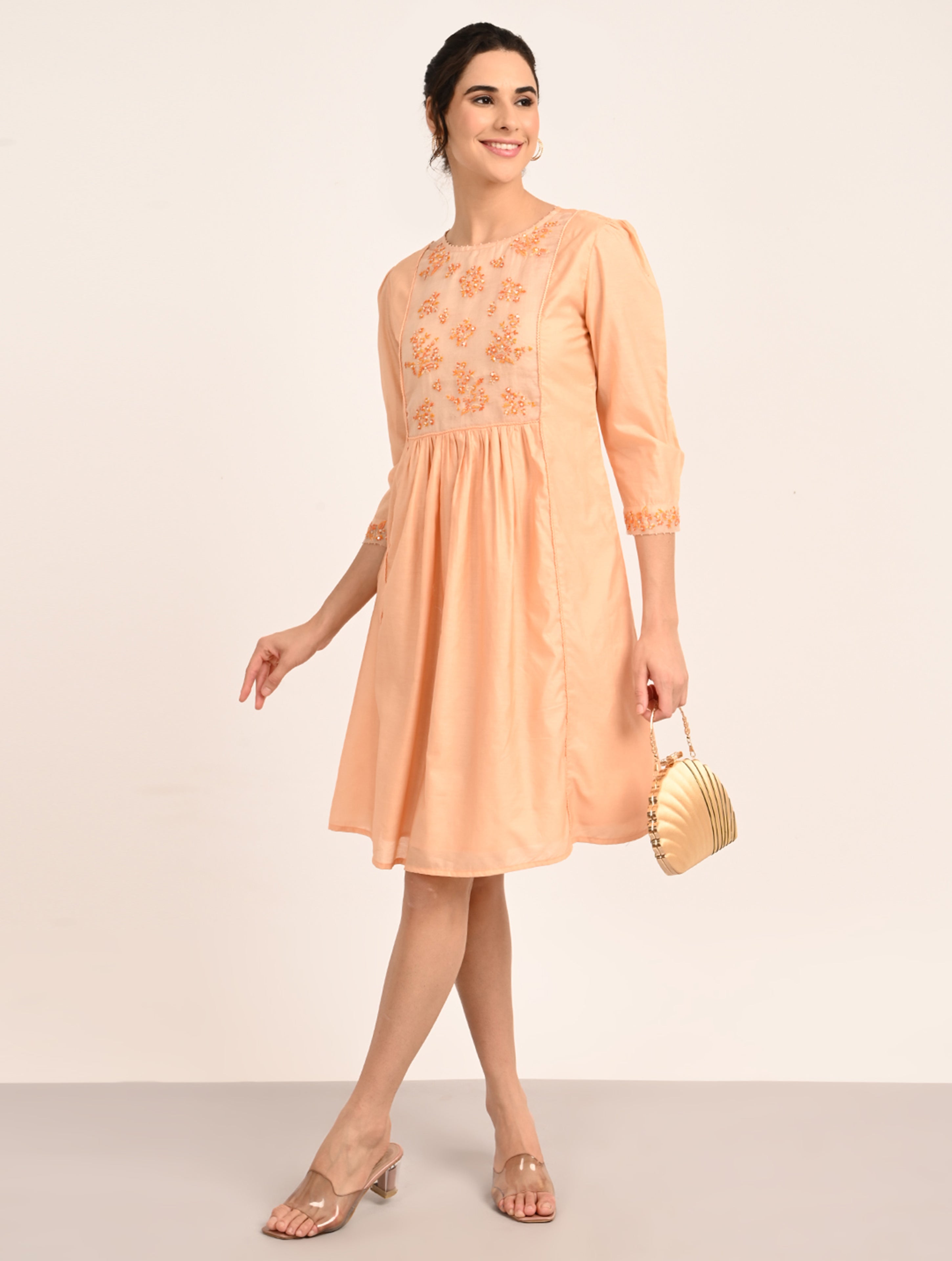 Peach Chanderi Embroidery Dress