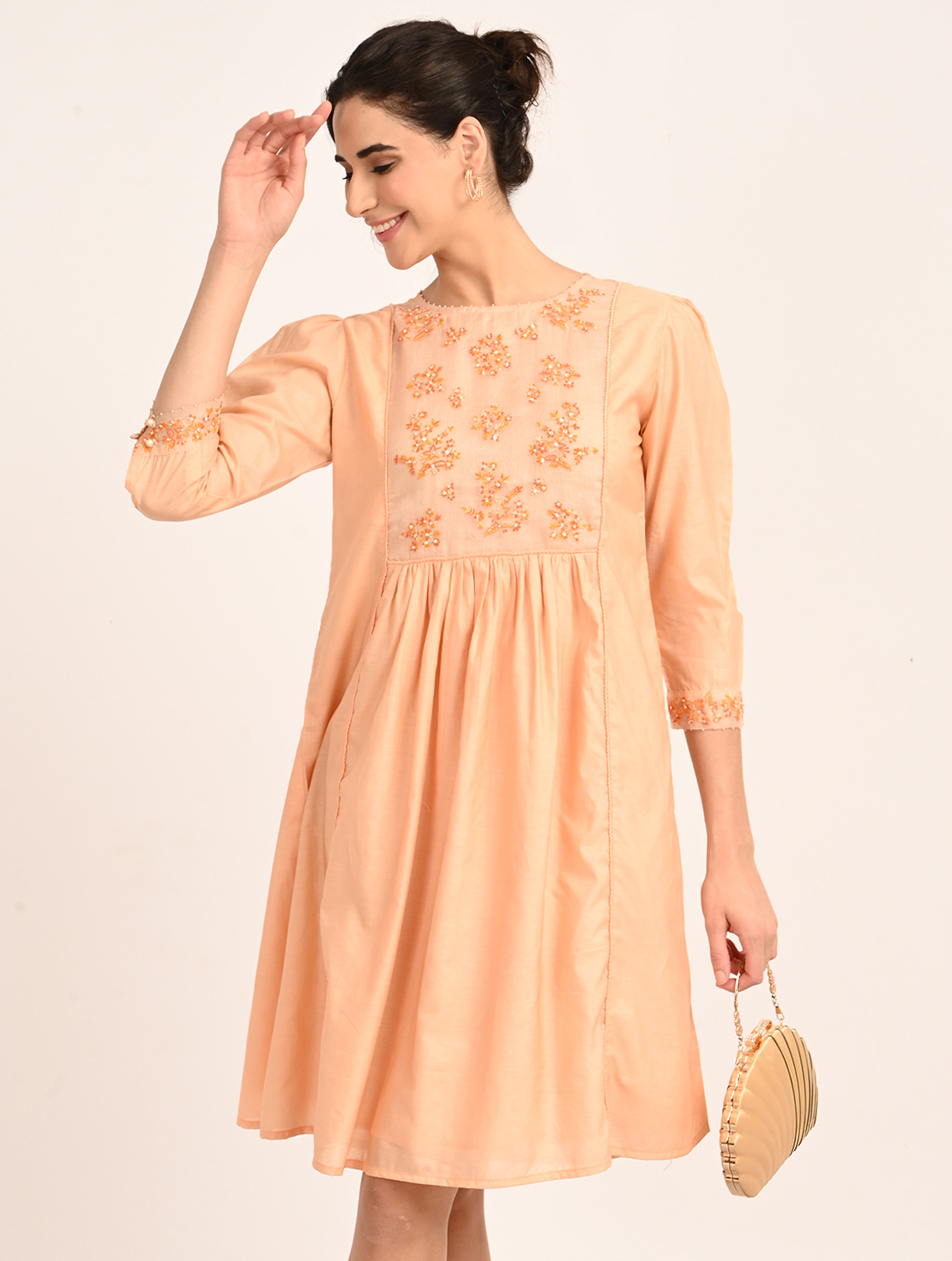 Peach Chanderi Embroidery Dress