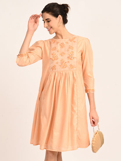 Peach Chanderi Embroidery Dress