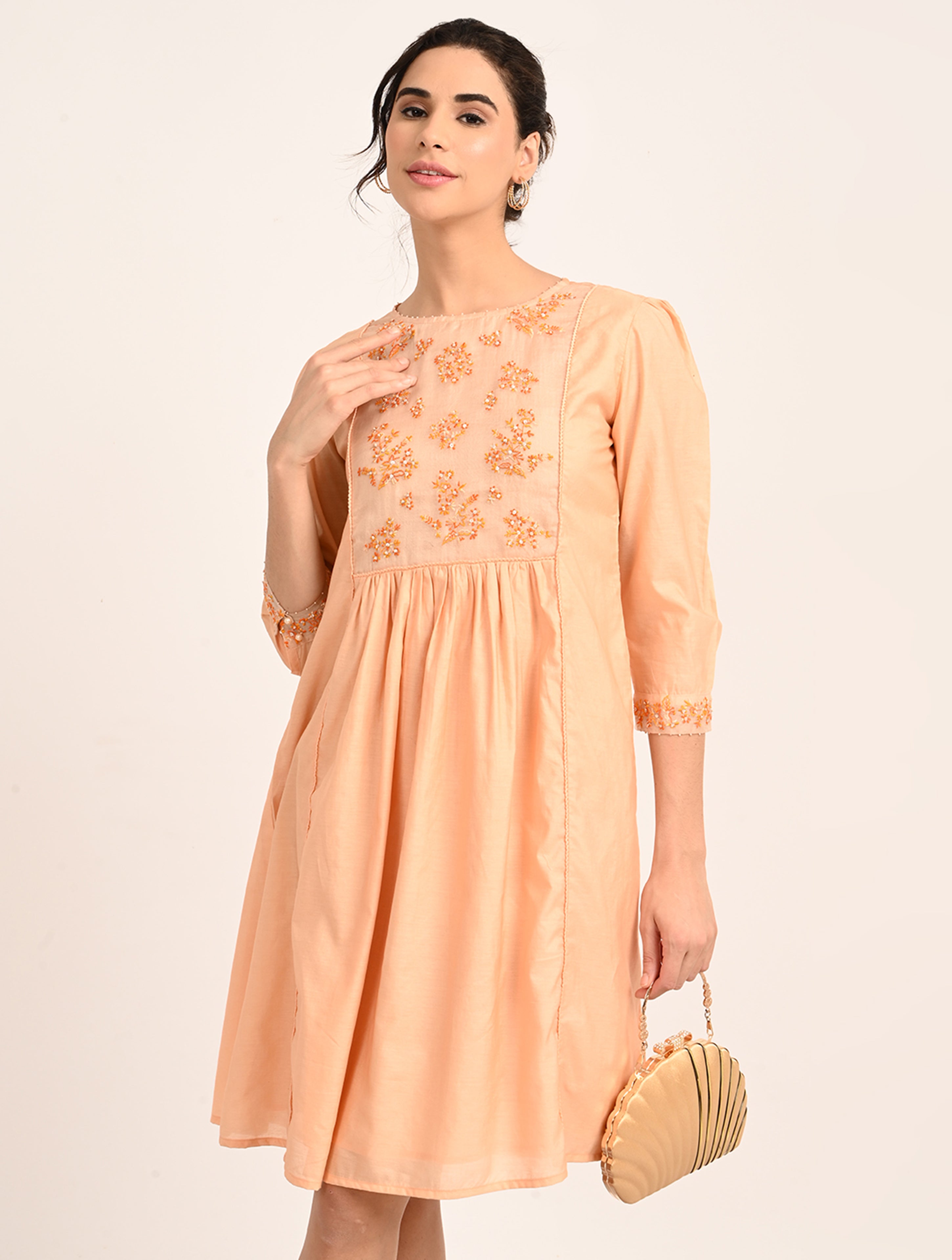 Peach Chanderi Embroidery Dress