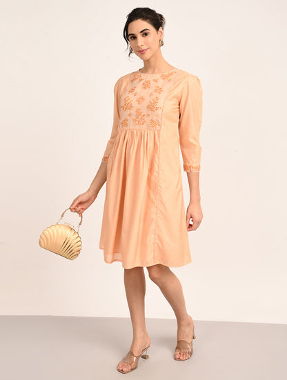 Peach Chanderi Embroidery Dress