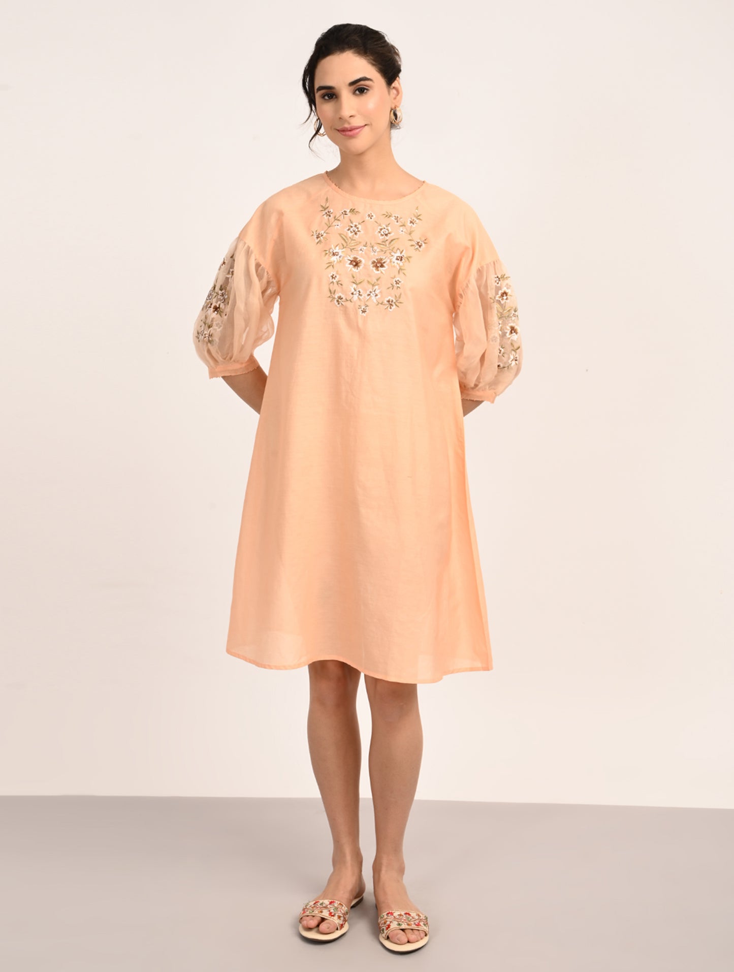 Peach Embroidered Organza Dress