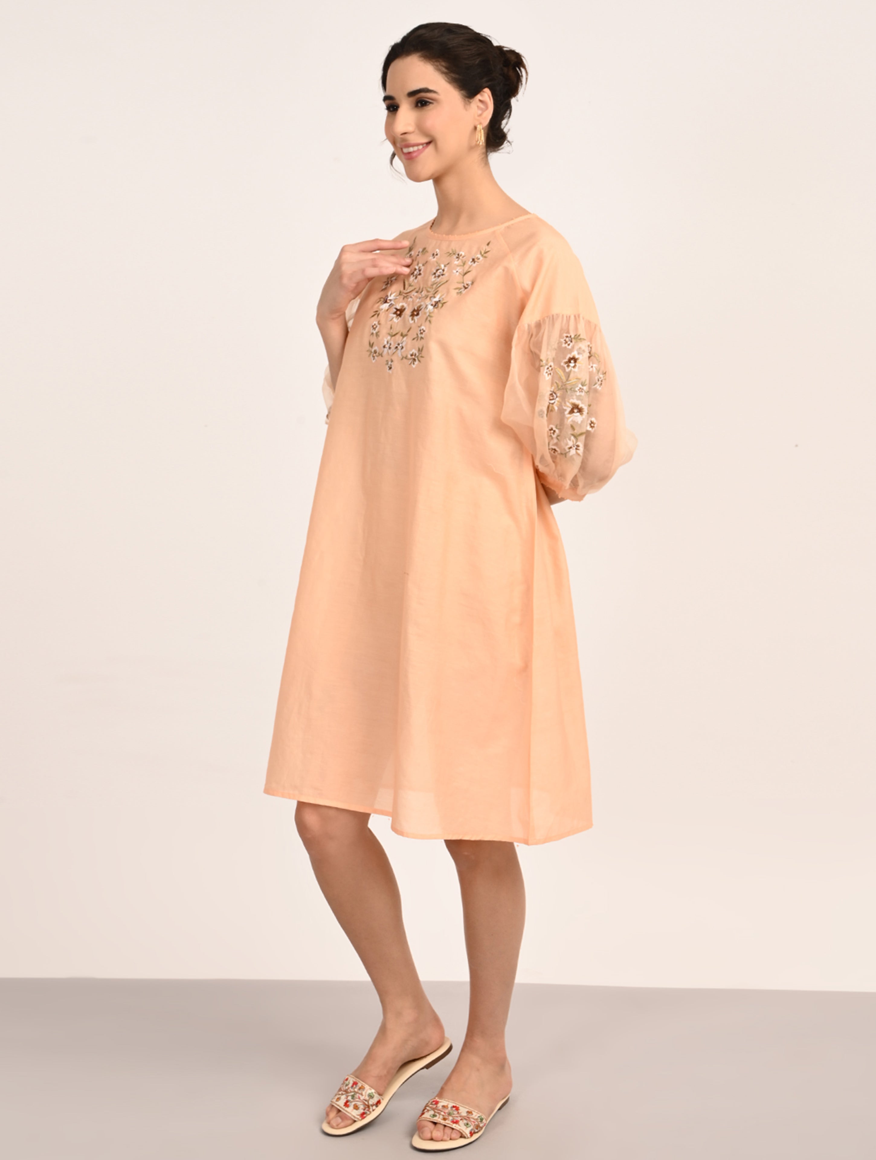 Peach Embroidered Organza Dress