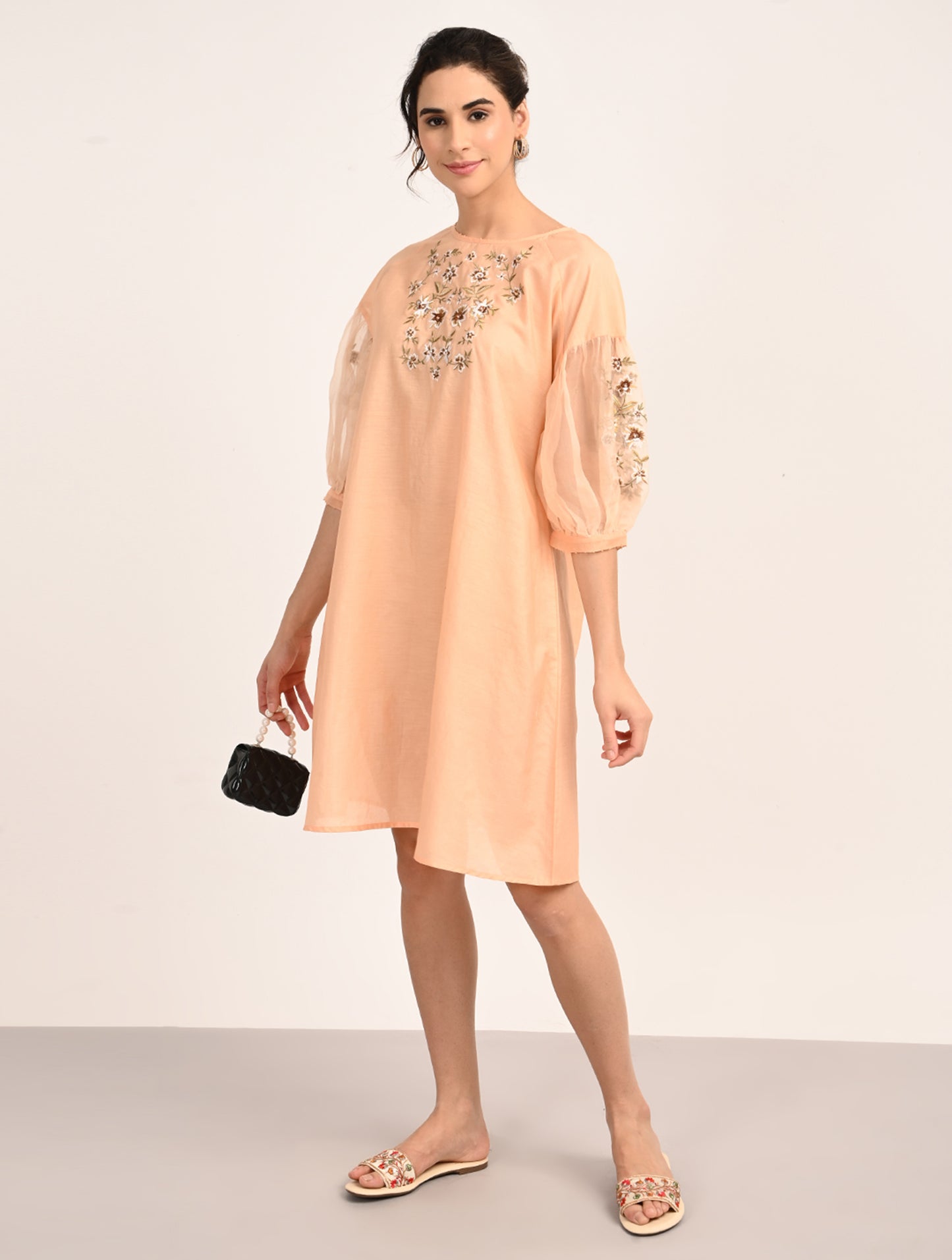 Peach Embroidered Organza Dress
