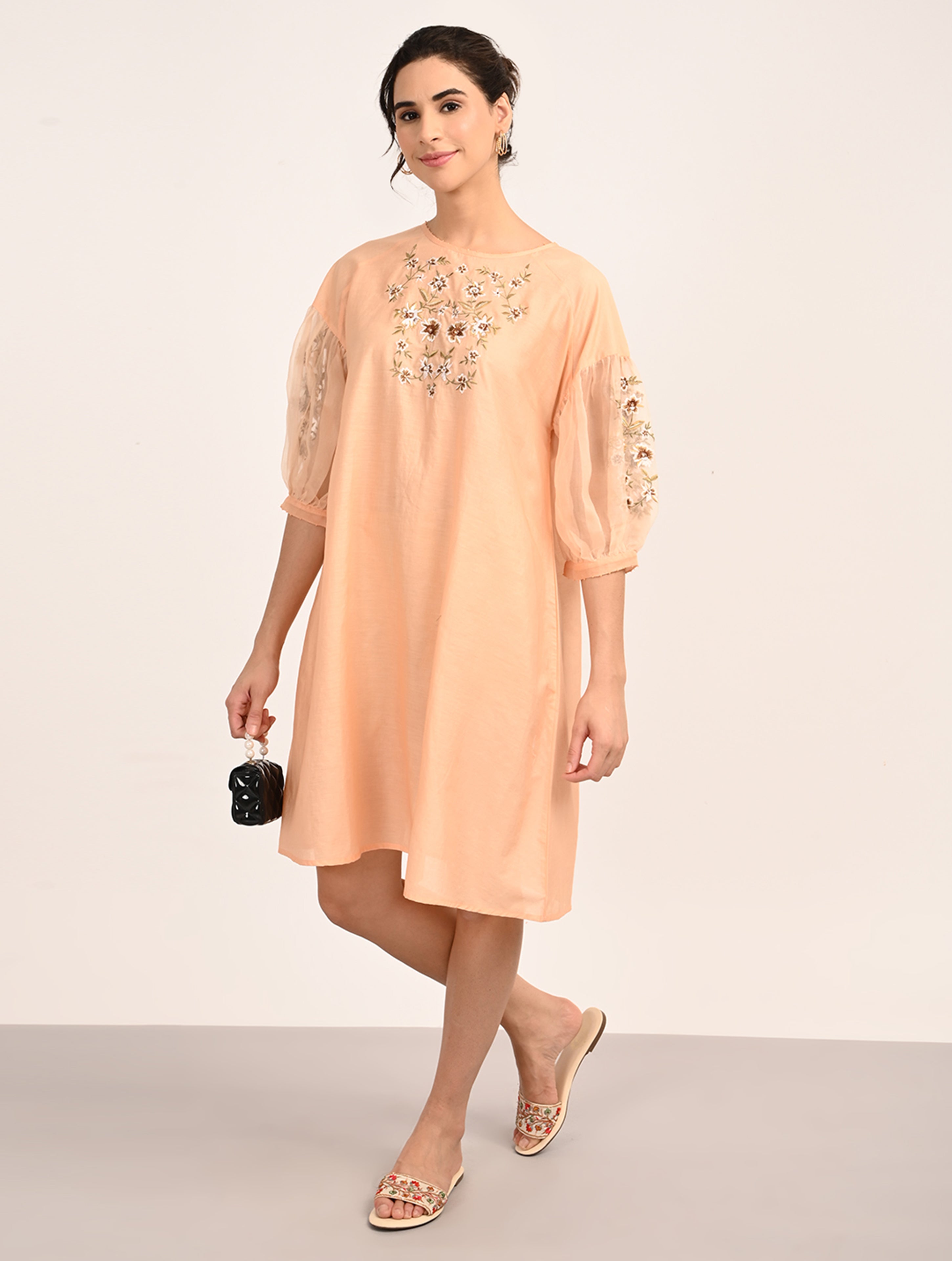 Peach Embroidered Organza Dress