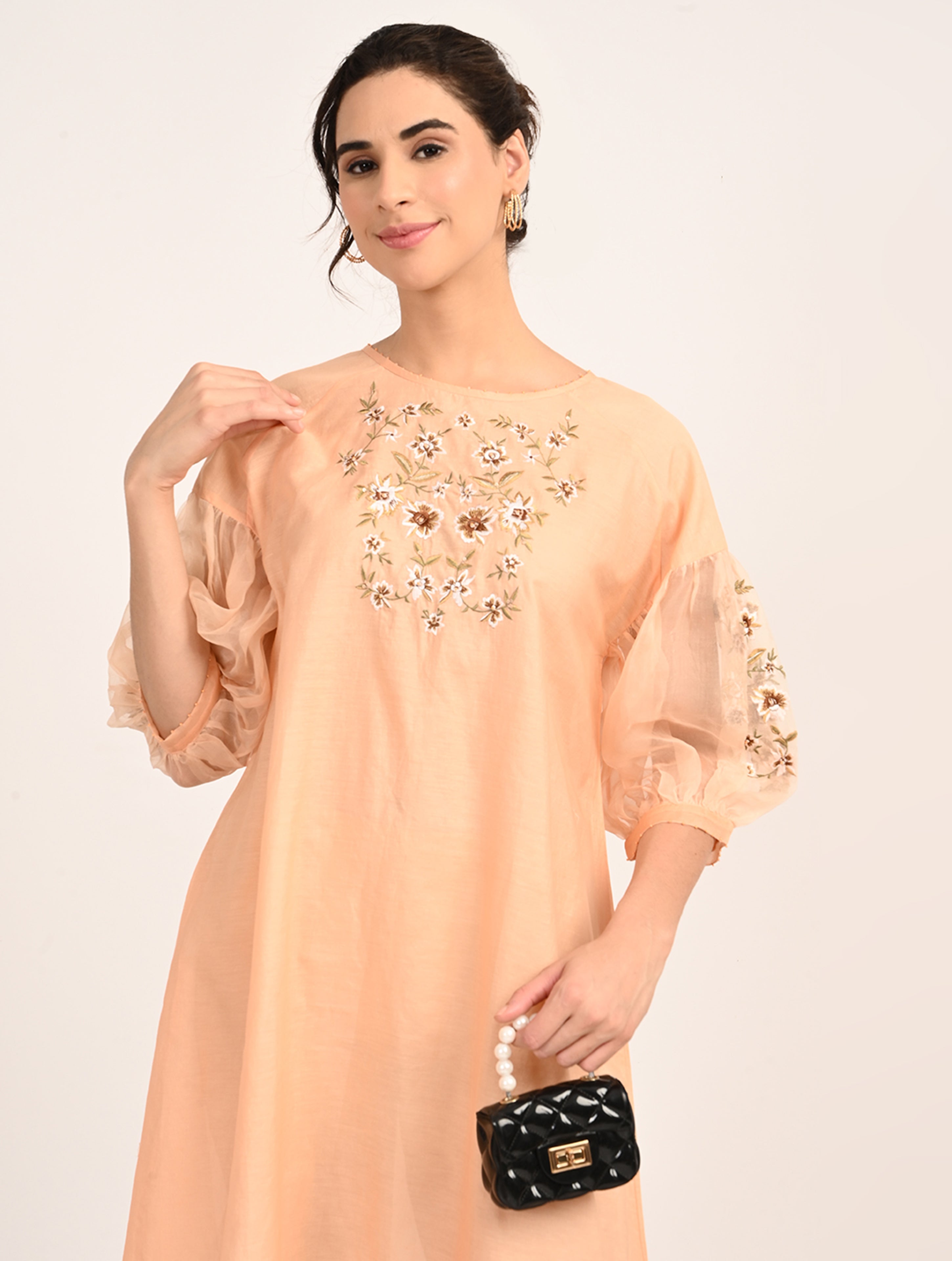 Peach Embroidered Organza Dress