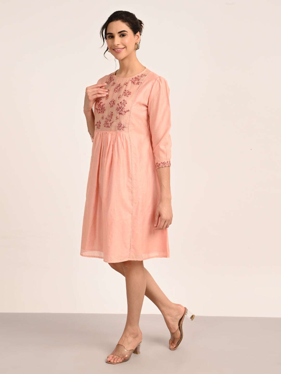 Blush Peach Silk Chanderi Knee-Length Dress with Embroidered Organza Yoke