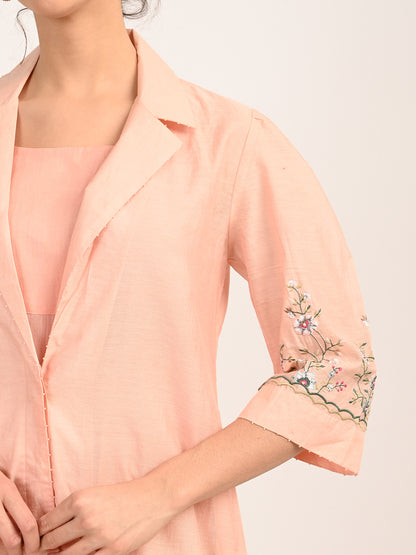 Peach Pink Silk Chanderi Tailored Shirt Dress with Handcrafted Chikankari Embroidery