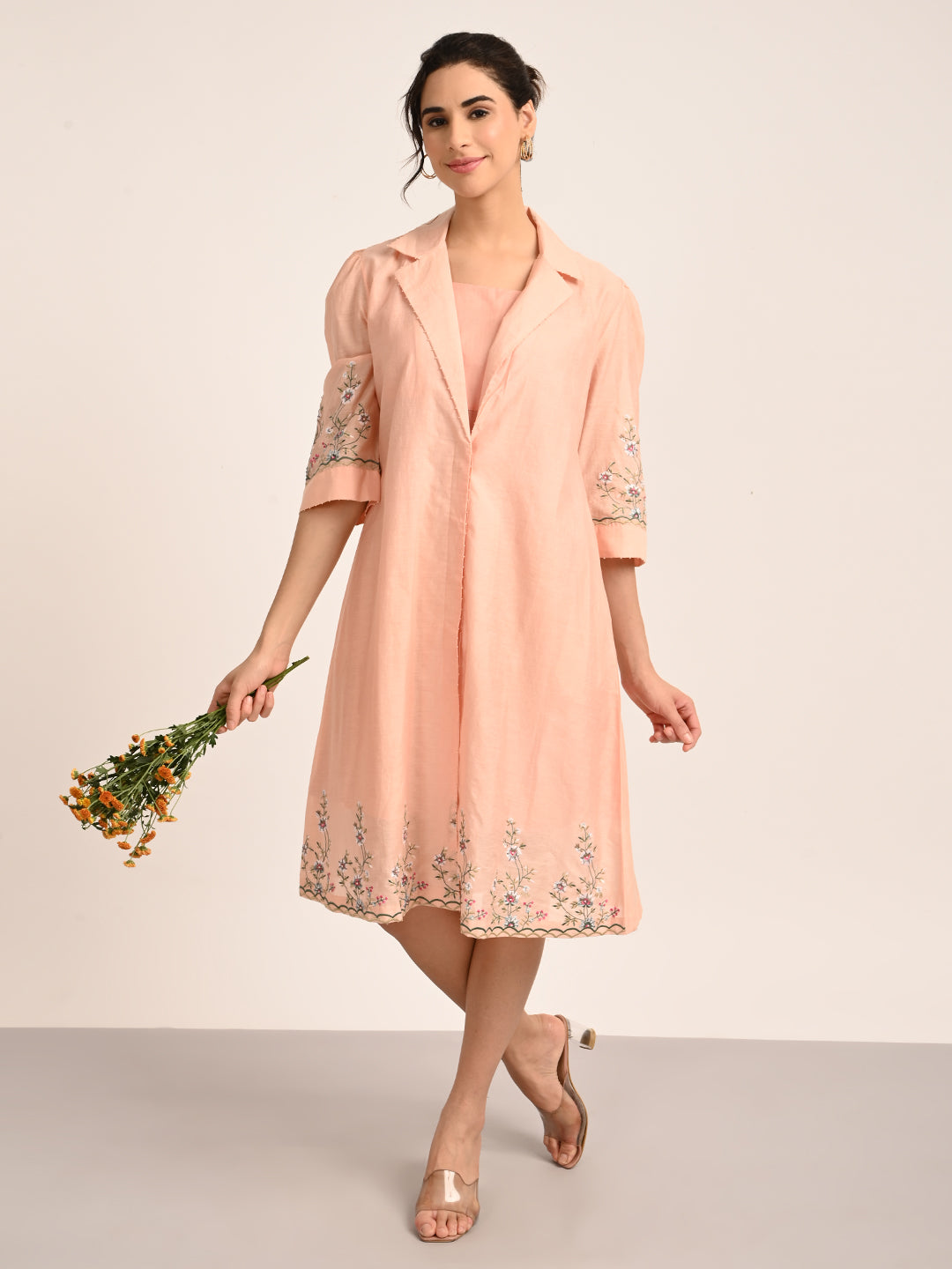 Peach Pink Silk Chanderi Tailored Shirt Dress with Handcrafted Chikankari Embroidery