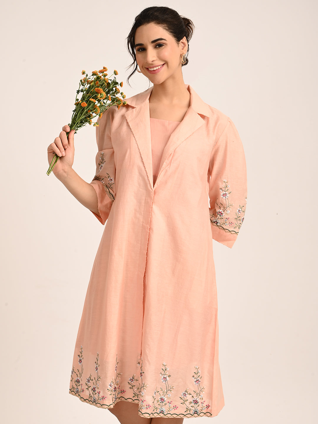 Peach Pink Silk Chanderi Tailored Shirt Dress with Handcrafted Chikankari Embroidery