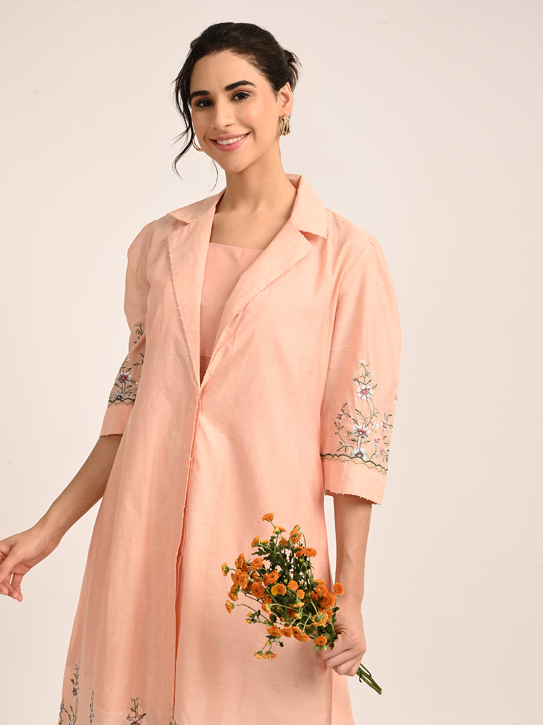 Peach Pink Silk Chanderi Tailored Shirt Dress with Handcrafted Chikankari Embroidery