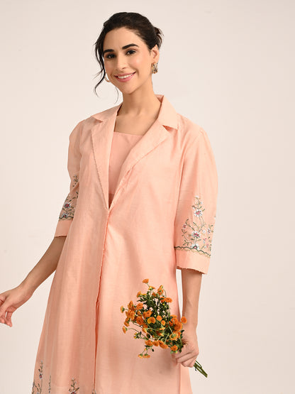 Peach Pink Silk Chanderi Tailored Shirt Dress with Handcrafted Chikankari Embroidery