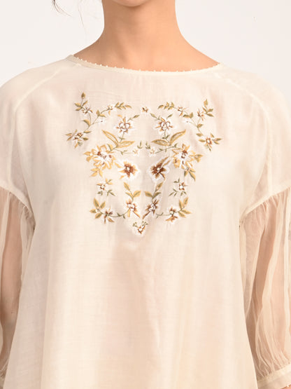Ivory Silk Chanderi Dress with Hand-Embroidered Detailing