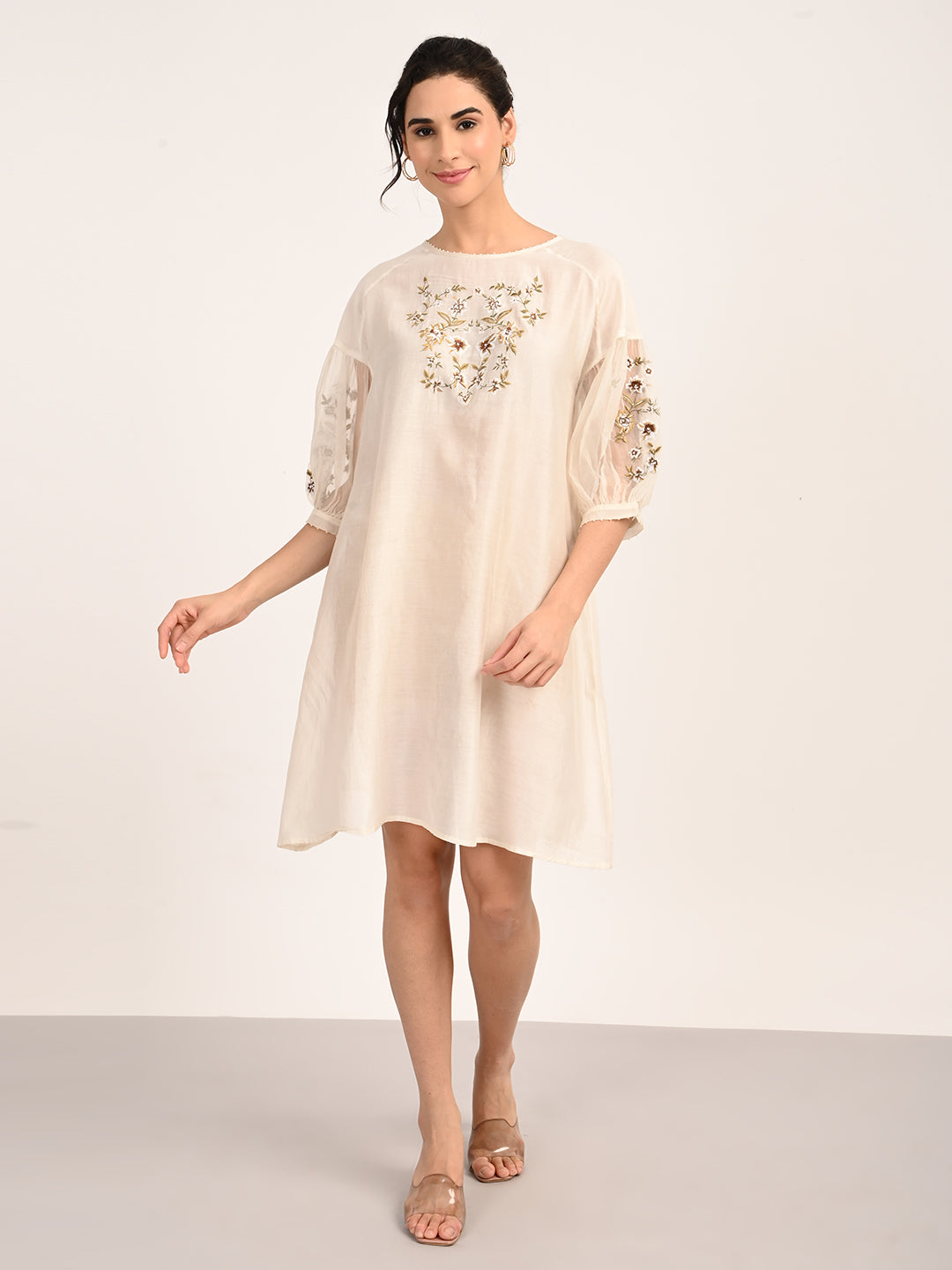 Ivory Silk Chanderi Dress with Hand-Embroidered Detailing