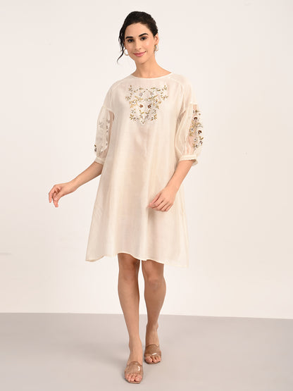 Ivory Silk Chanderi Dress with Hand-Embroidered Detailing