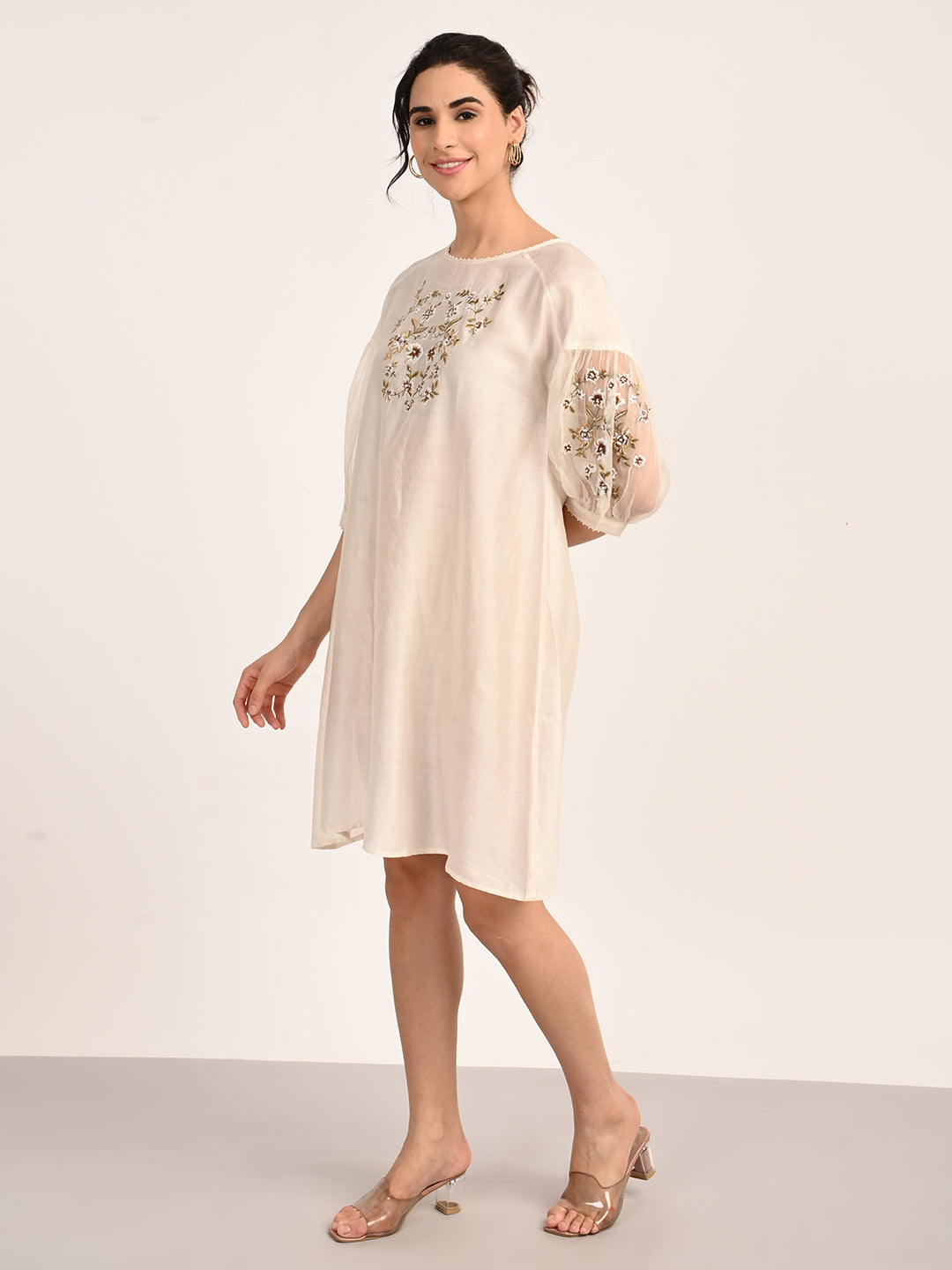 Ivory Silk Chanderi Dress with Hand-Embroidered Detailing