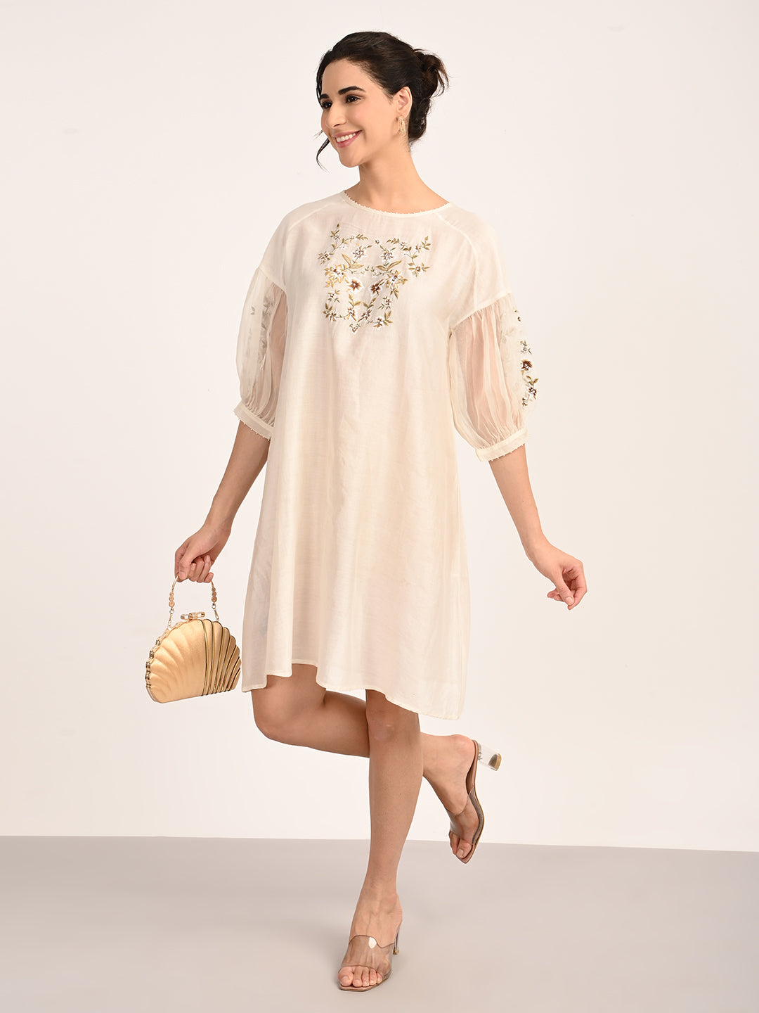 Ivory Silk Chanderi Dress with Hand-Embroidered Detailing