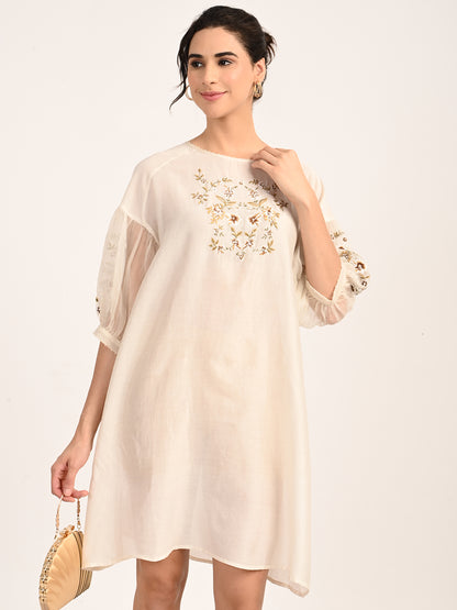 Ivory Silk Chanderi Dress with Hand-Embroidered Detailing