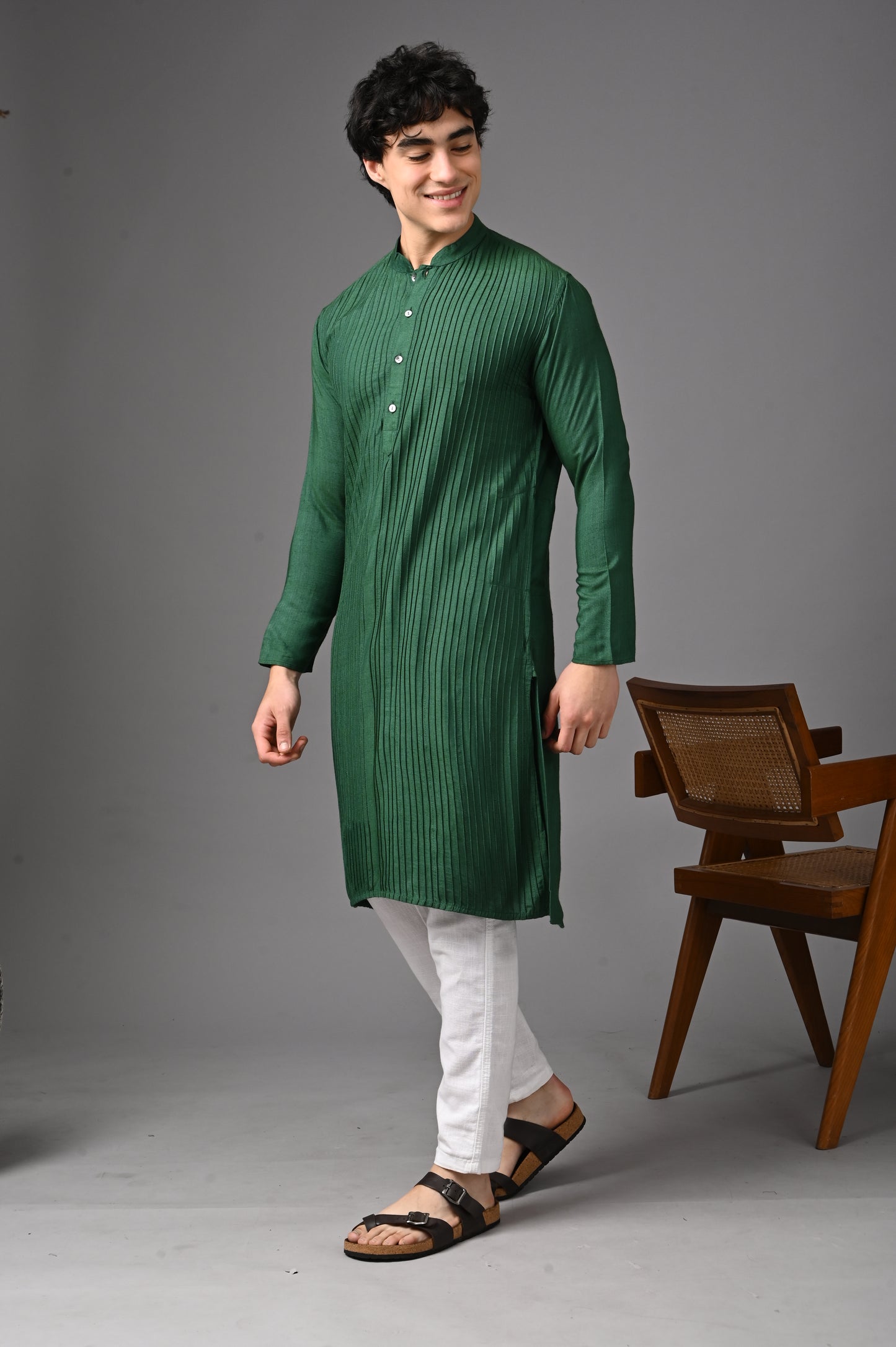 Emerald Green Silk Kurta - Hand Made Pin Tucks