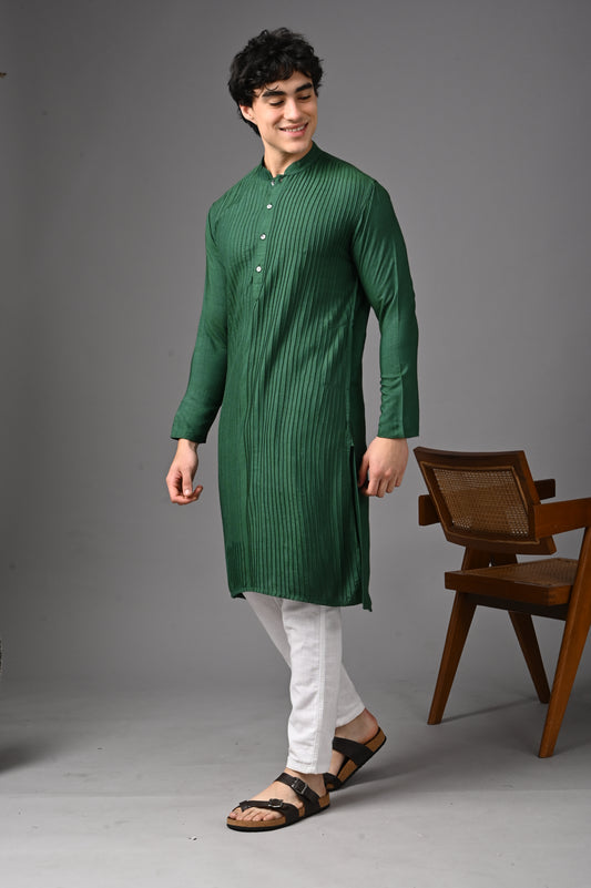 Emerald Green Silk Kurta - Hand Made Pin Tucks