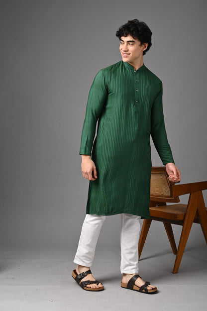 Emerald Green Silk Kurta - Hand Made Pin Tucks