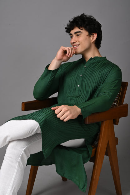 Emerald Green Silk Kurta - Hand Made Pin Tucks