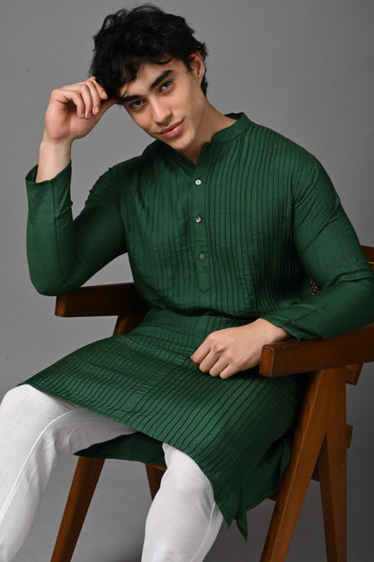 Emerald Green Silk Kurta - Hand Made Pin Tucks