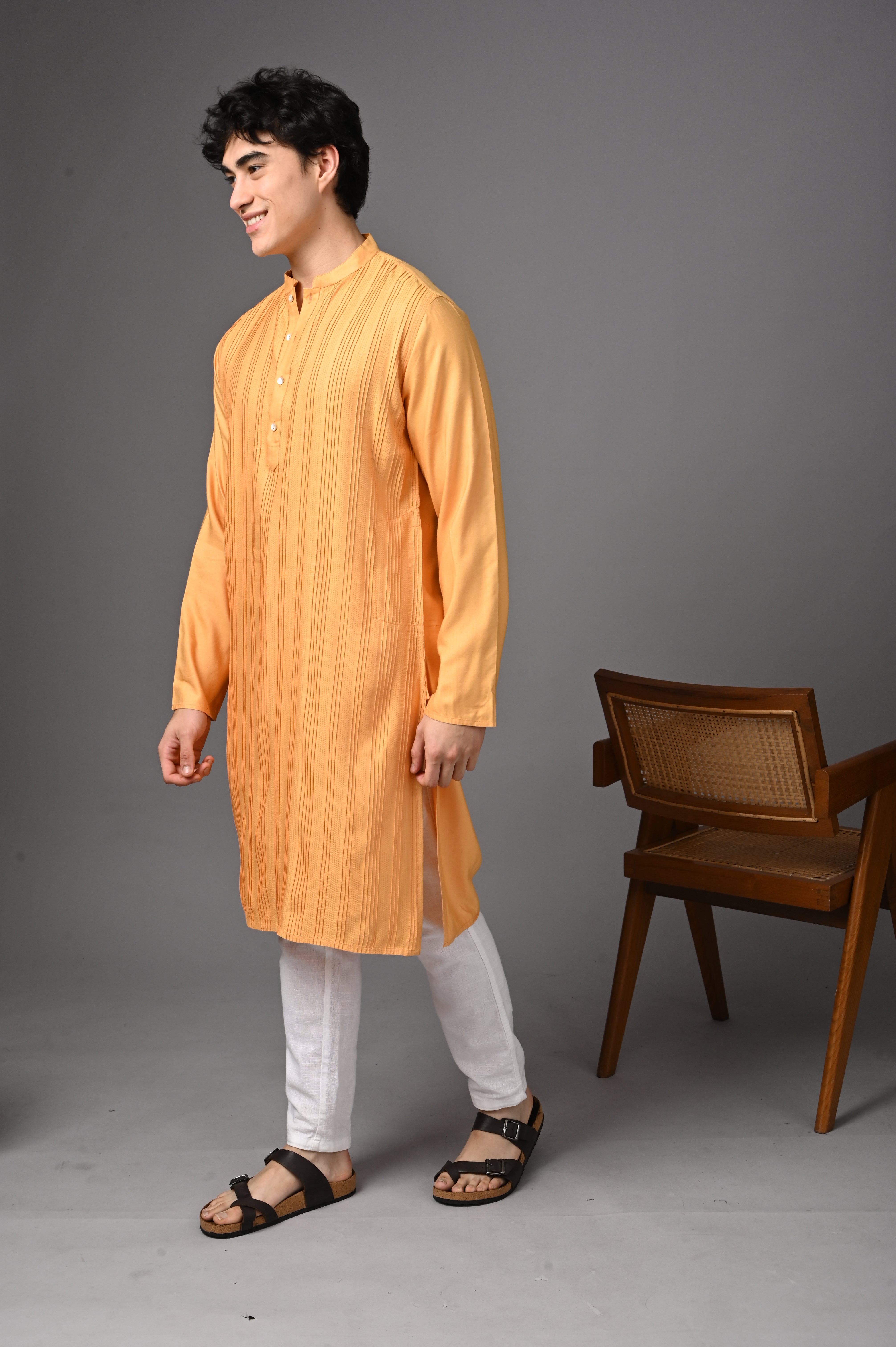 Orange Textured Silk Kurta