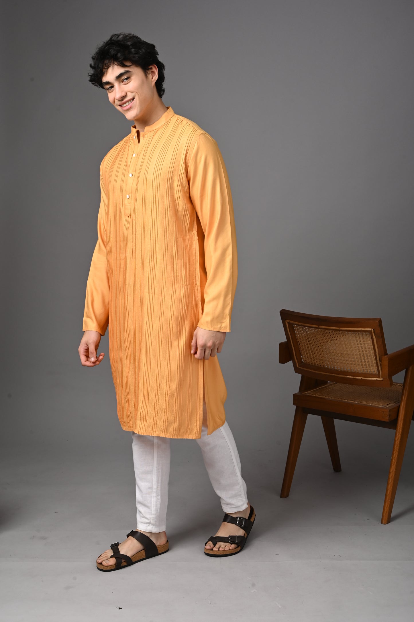 Orange Textured Silk Kurta