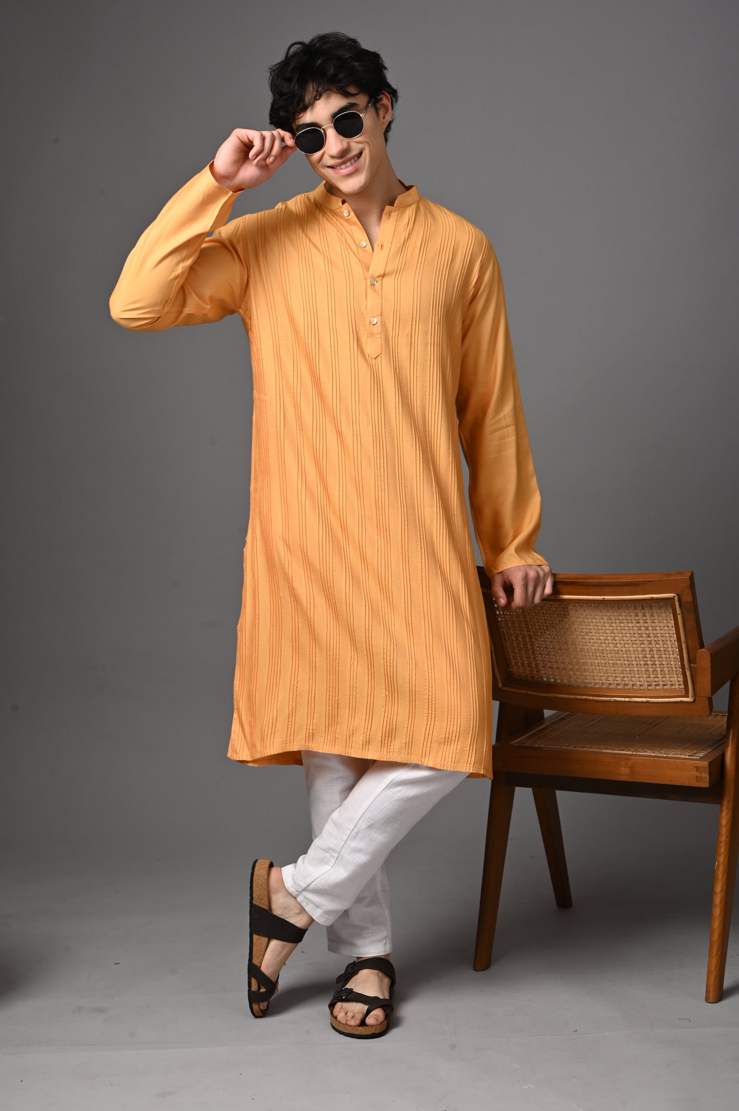 Orange Textured Silk Kurta