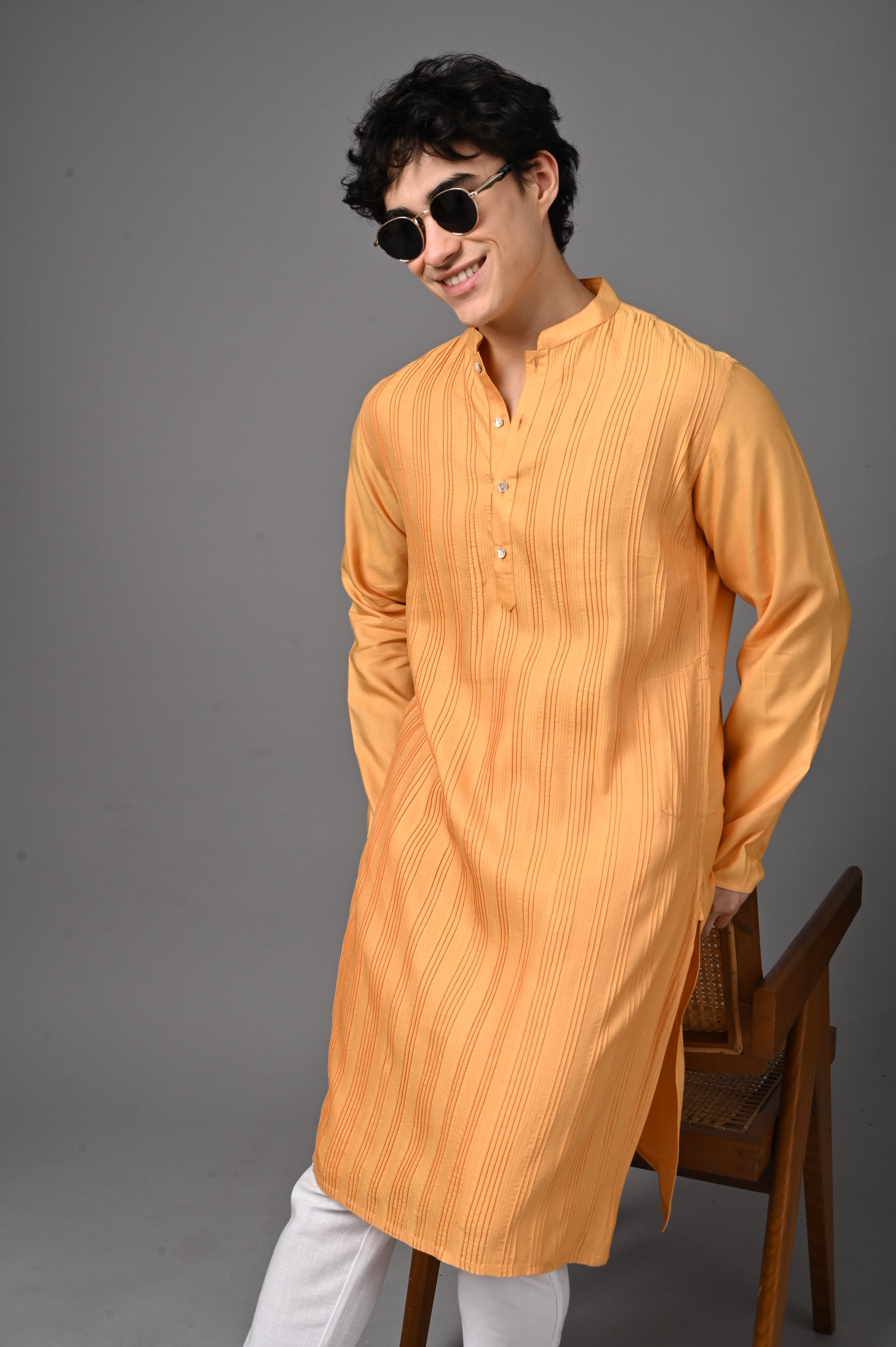 Orange Textured Silk Kurta