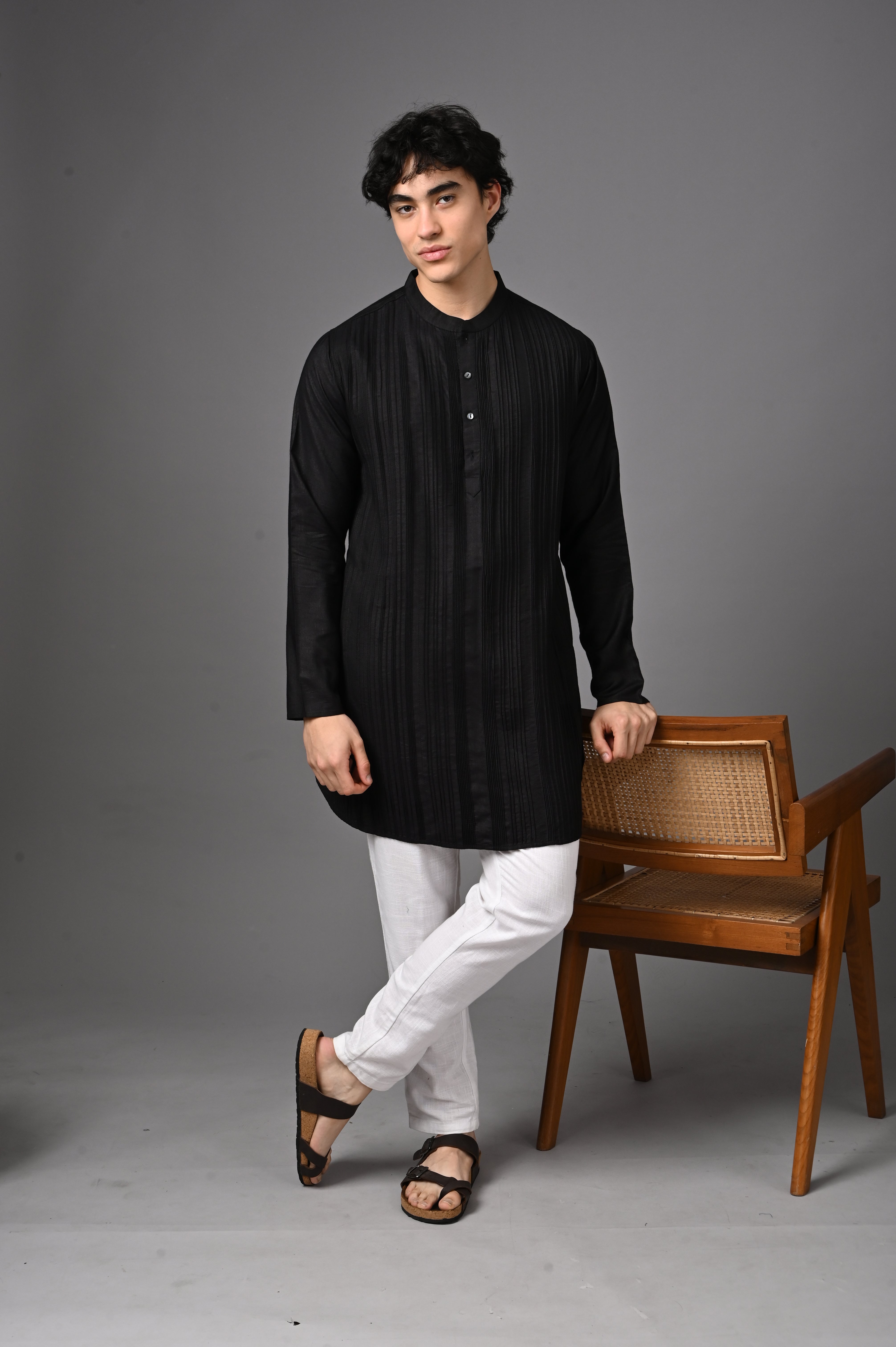 Black Pintuck Silk Kurta