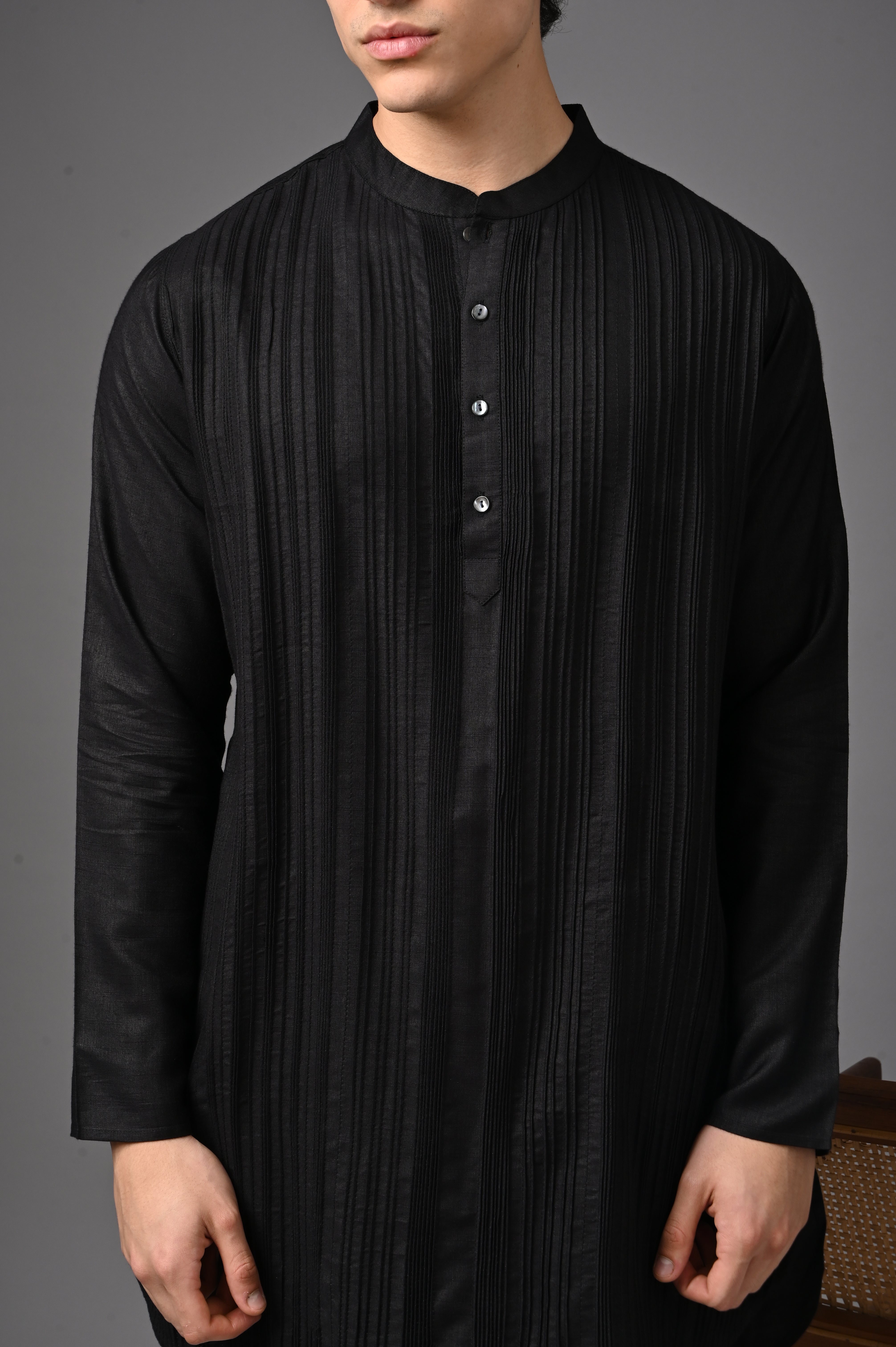 Black Pintuck Silk Kurta