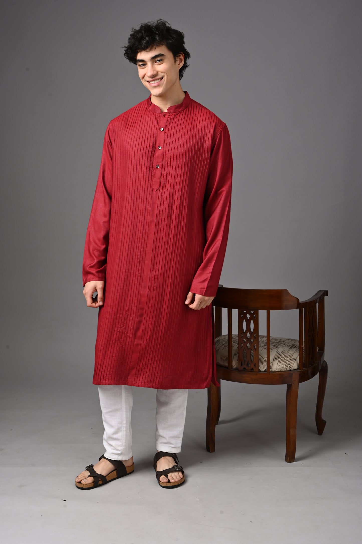 Maroon Textured Silk Kurta