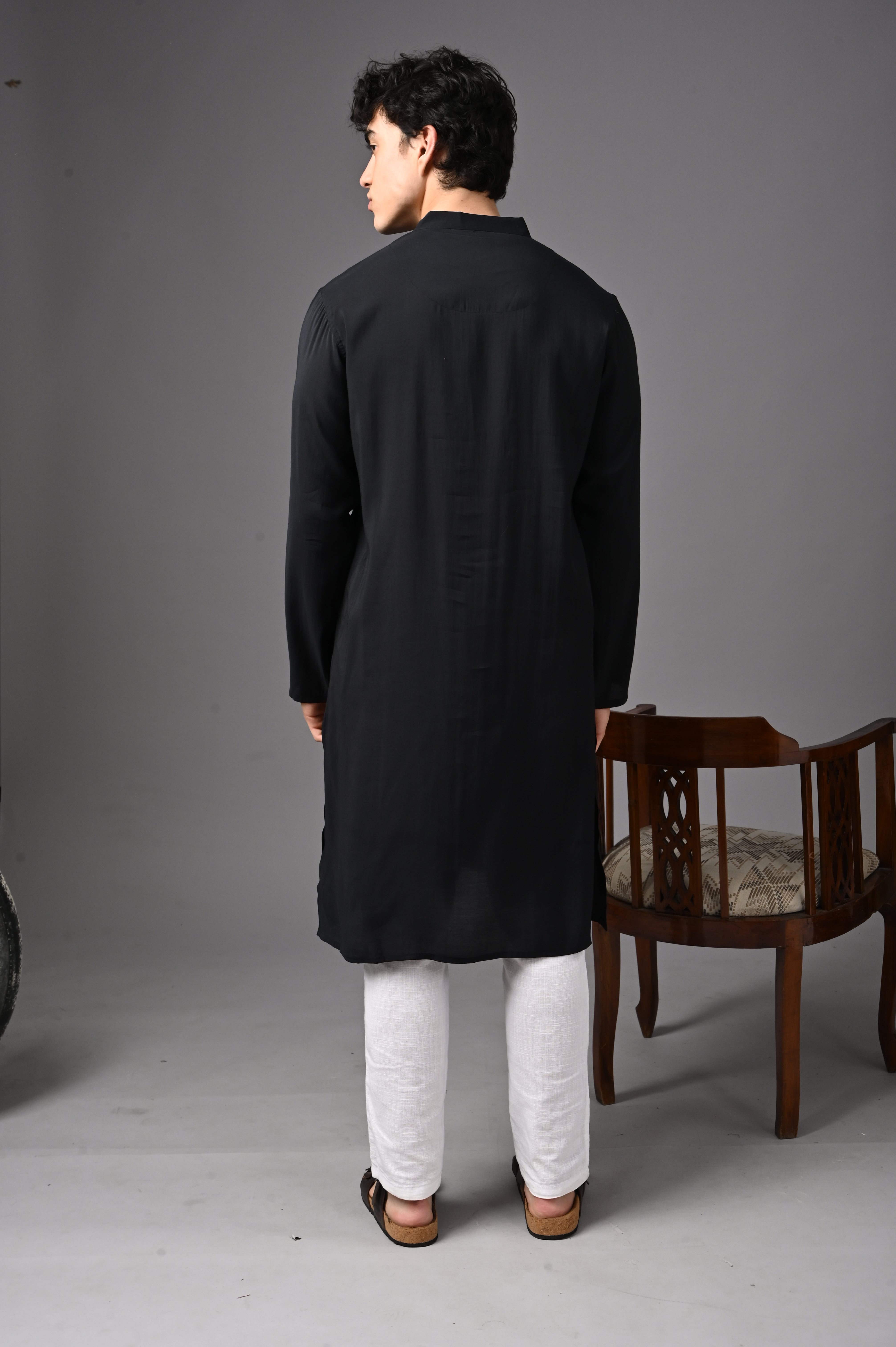 Black Silk-Blend Textured Kurta