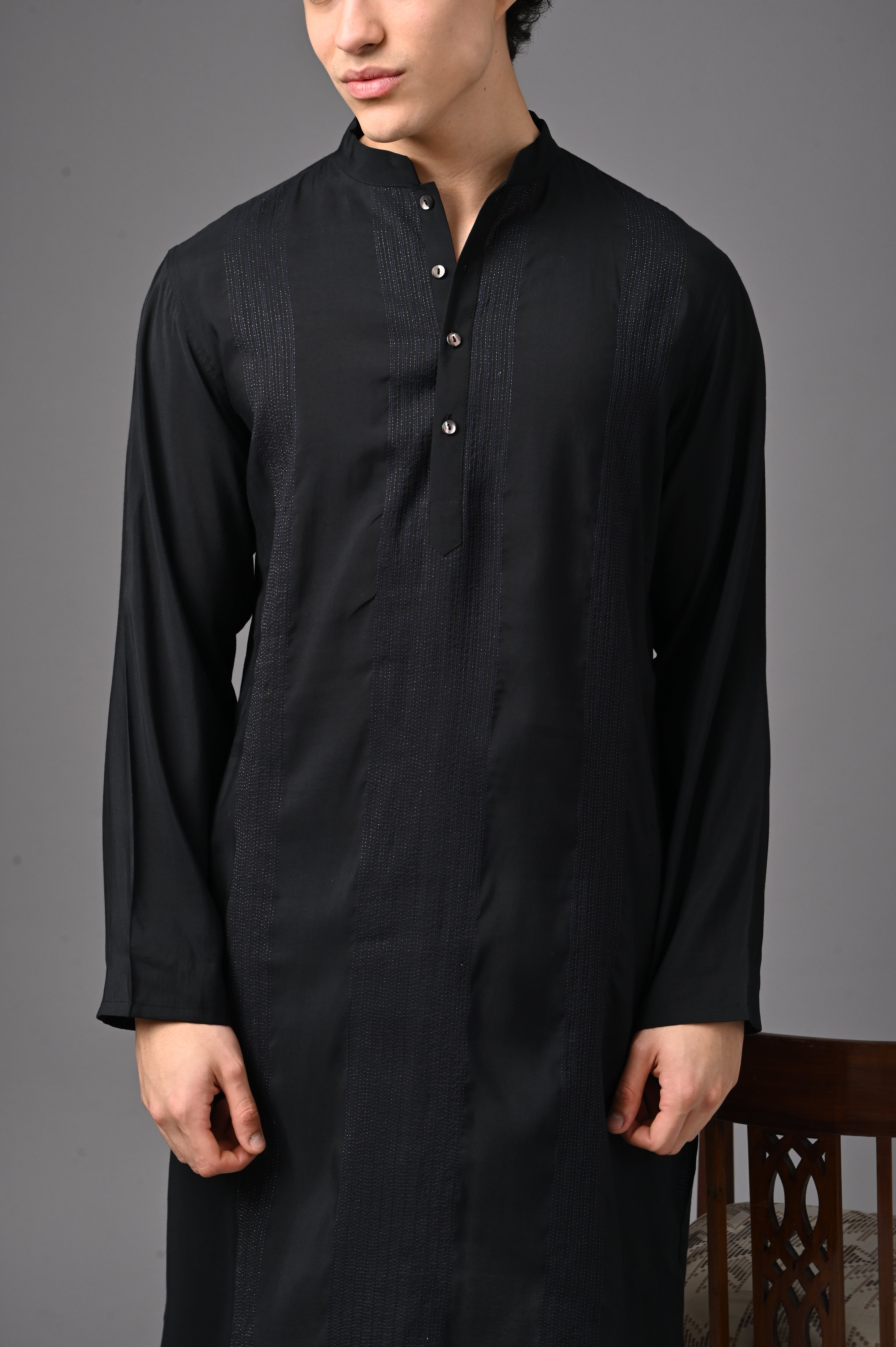 Black Silk-Blend Textured Kurta