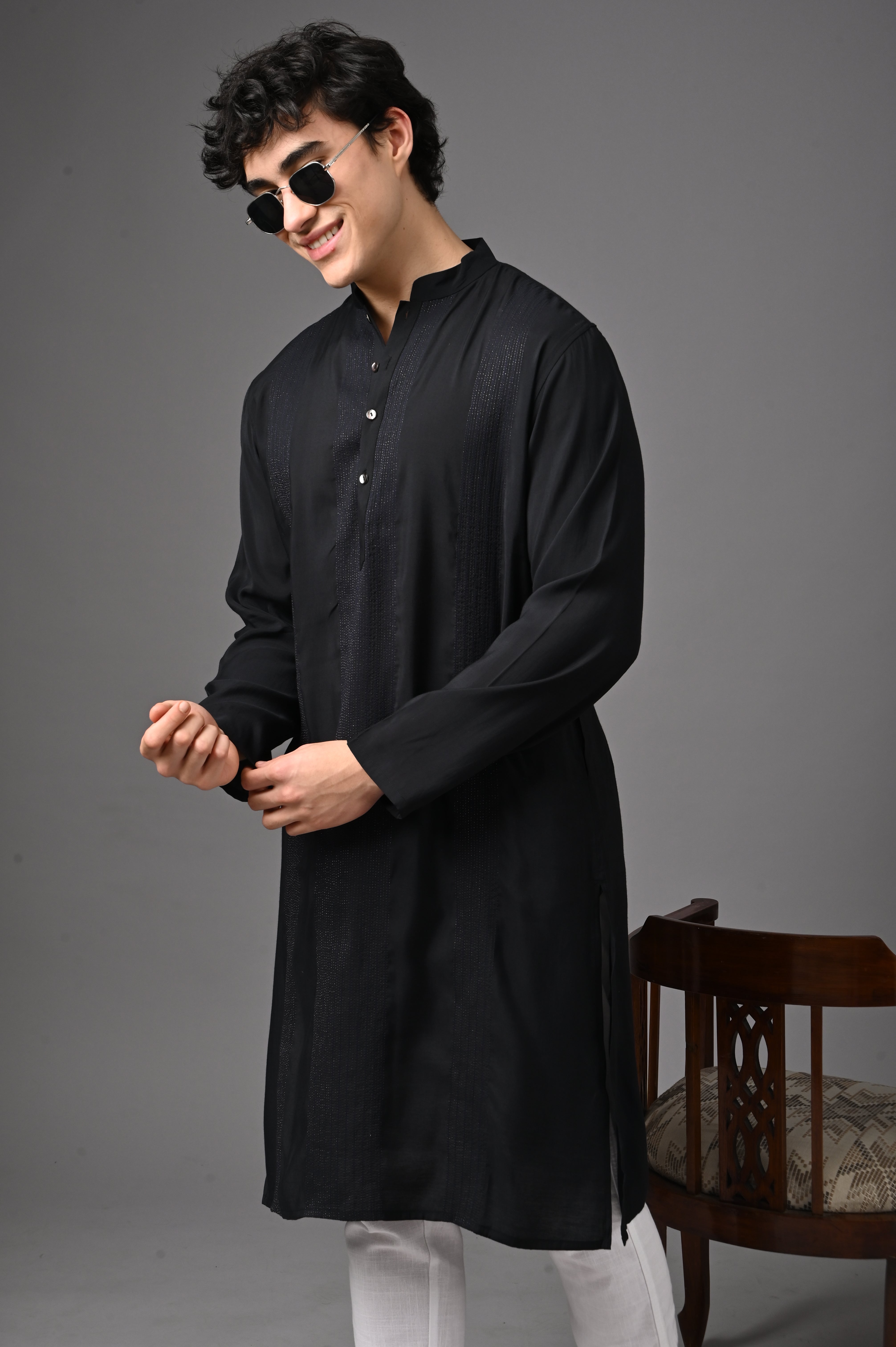 Black Silk-Blend Textured Kurta