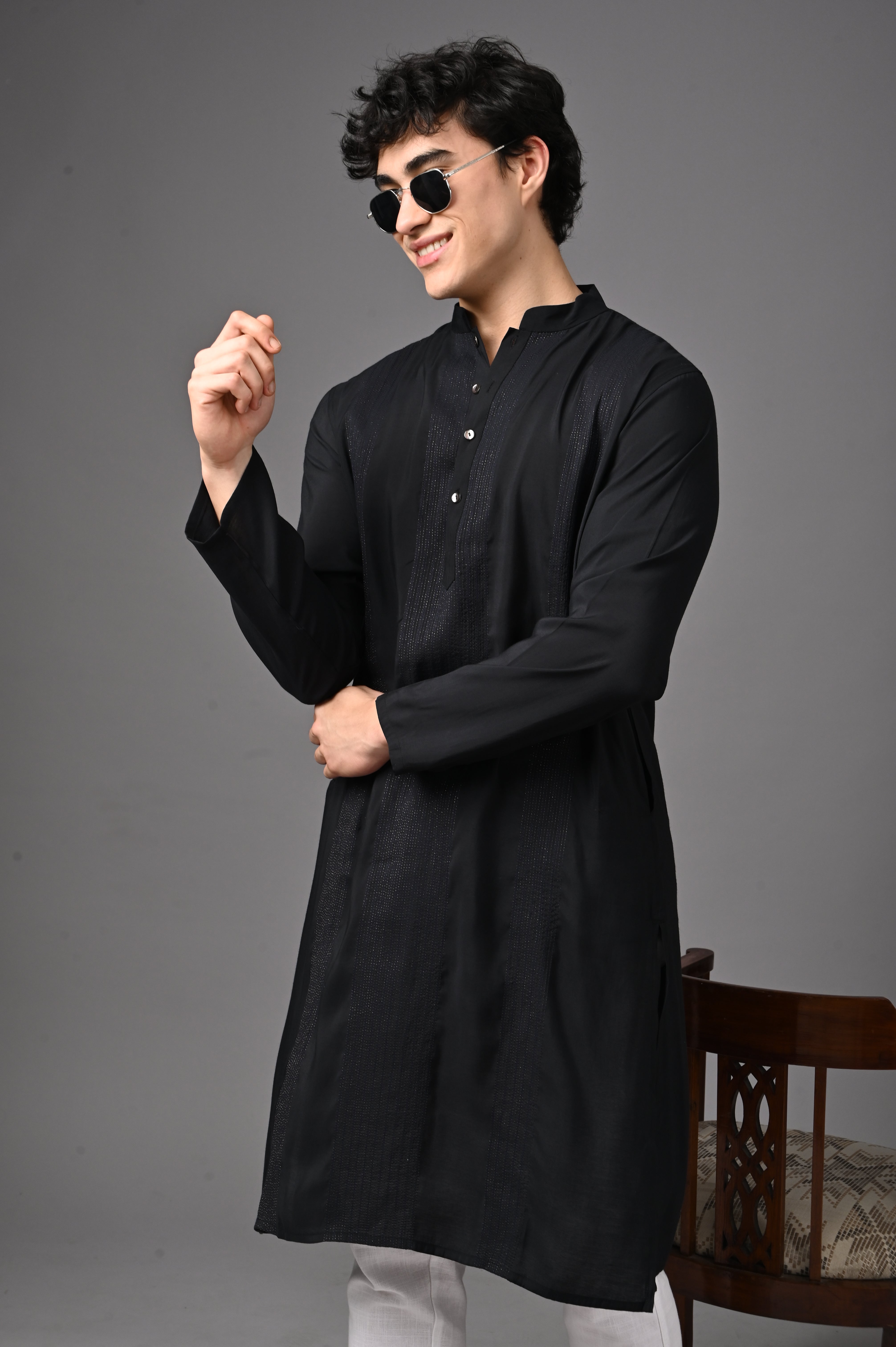 Black Silk-Blend Textured Kurta