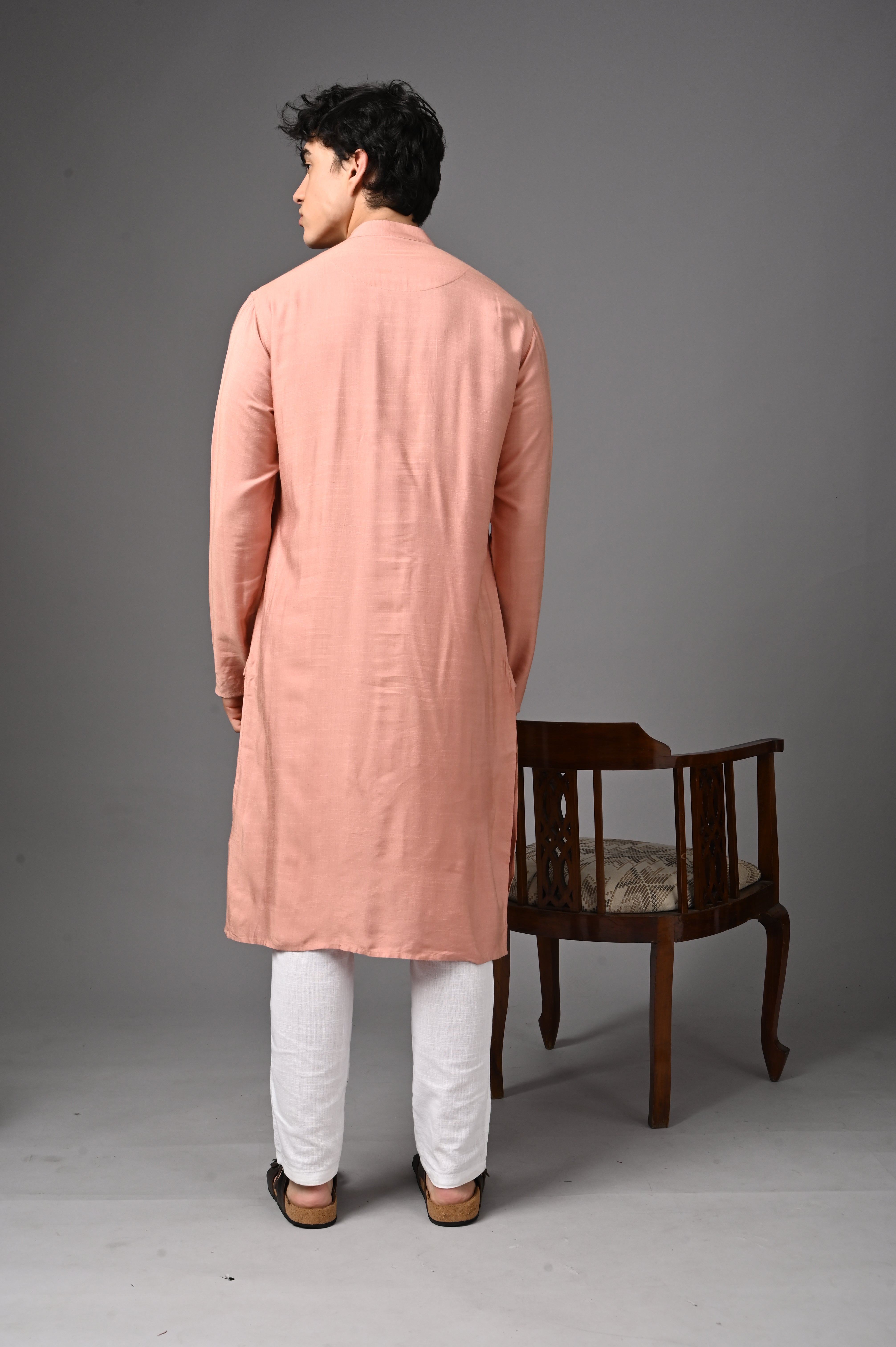 Peach Textured Silk Kurta