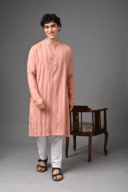 Peach Textured Silk Kurta