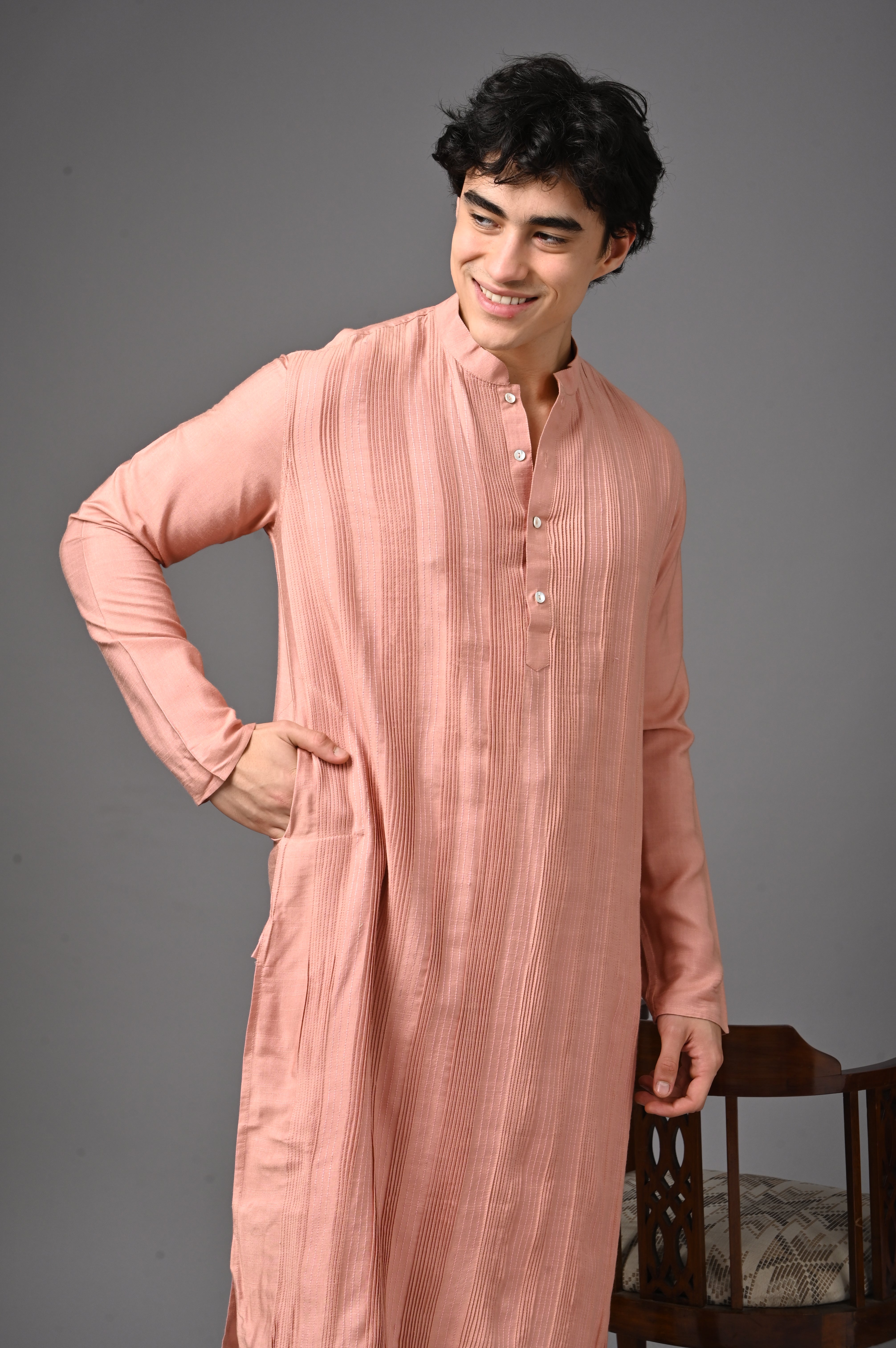 Peach Textured Silk Kurta