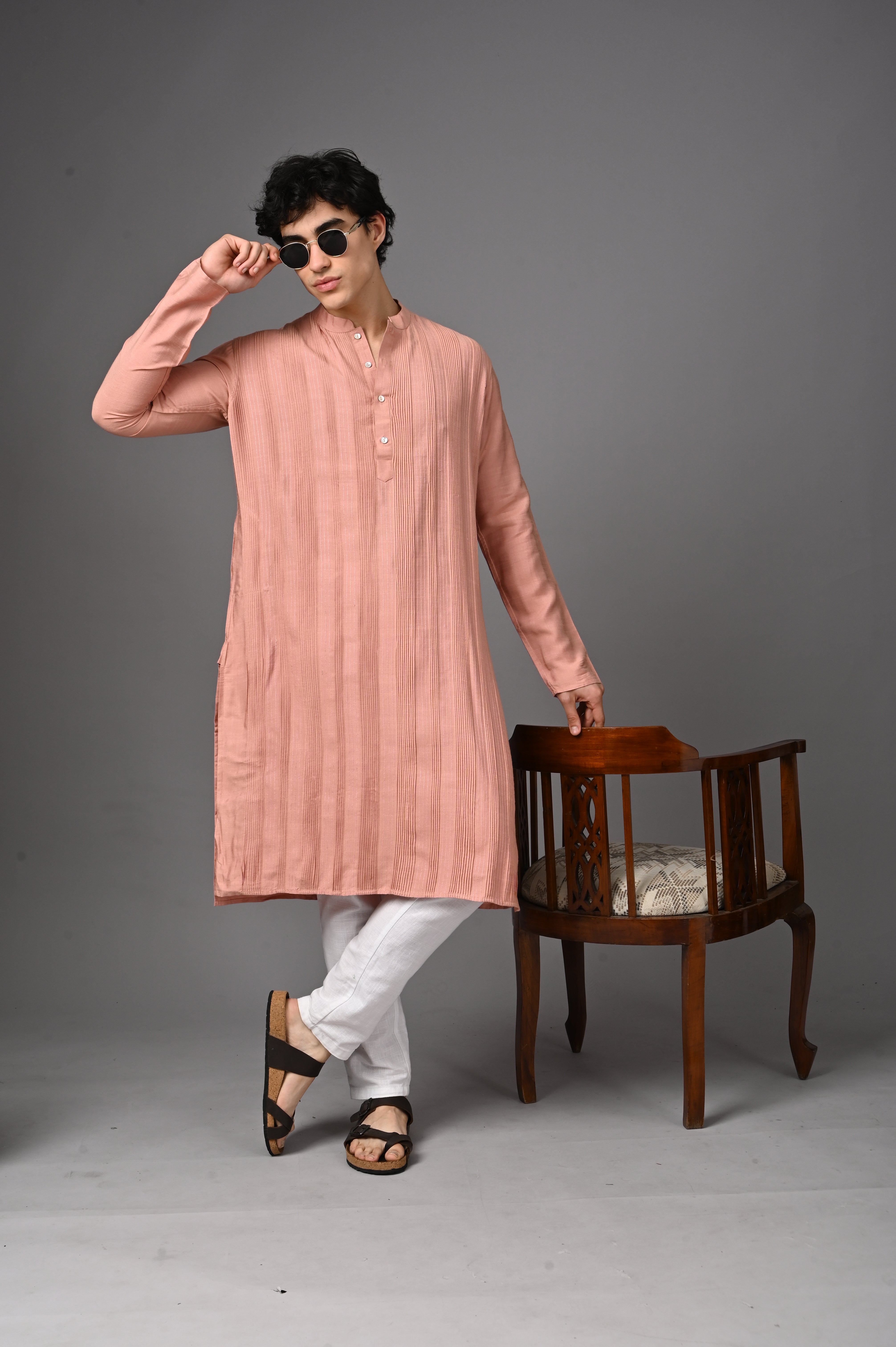 Peach Textured Silk Kurta