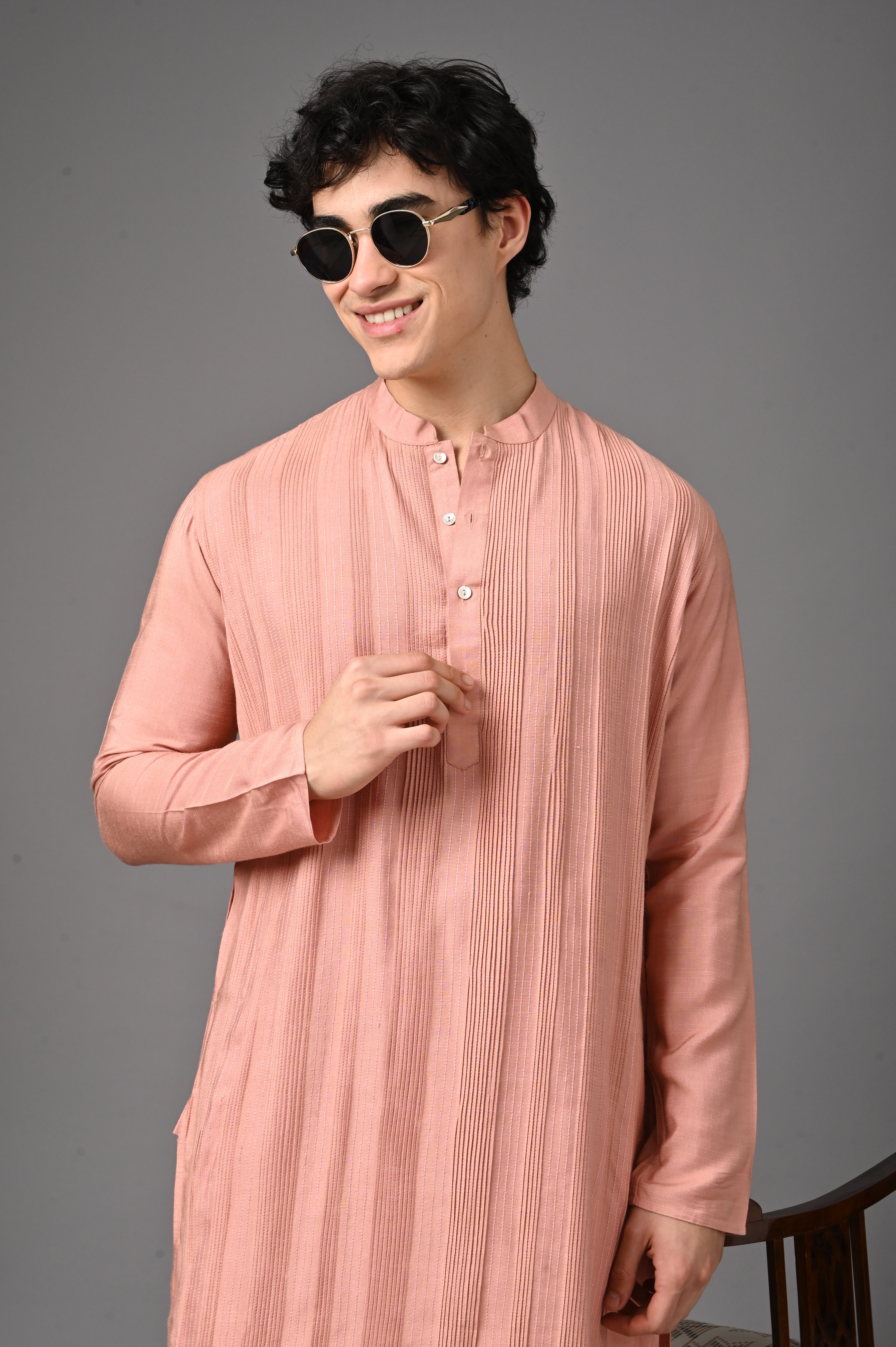Peach Textured Silk Kurta