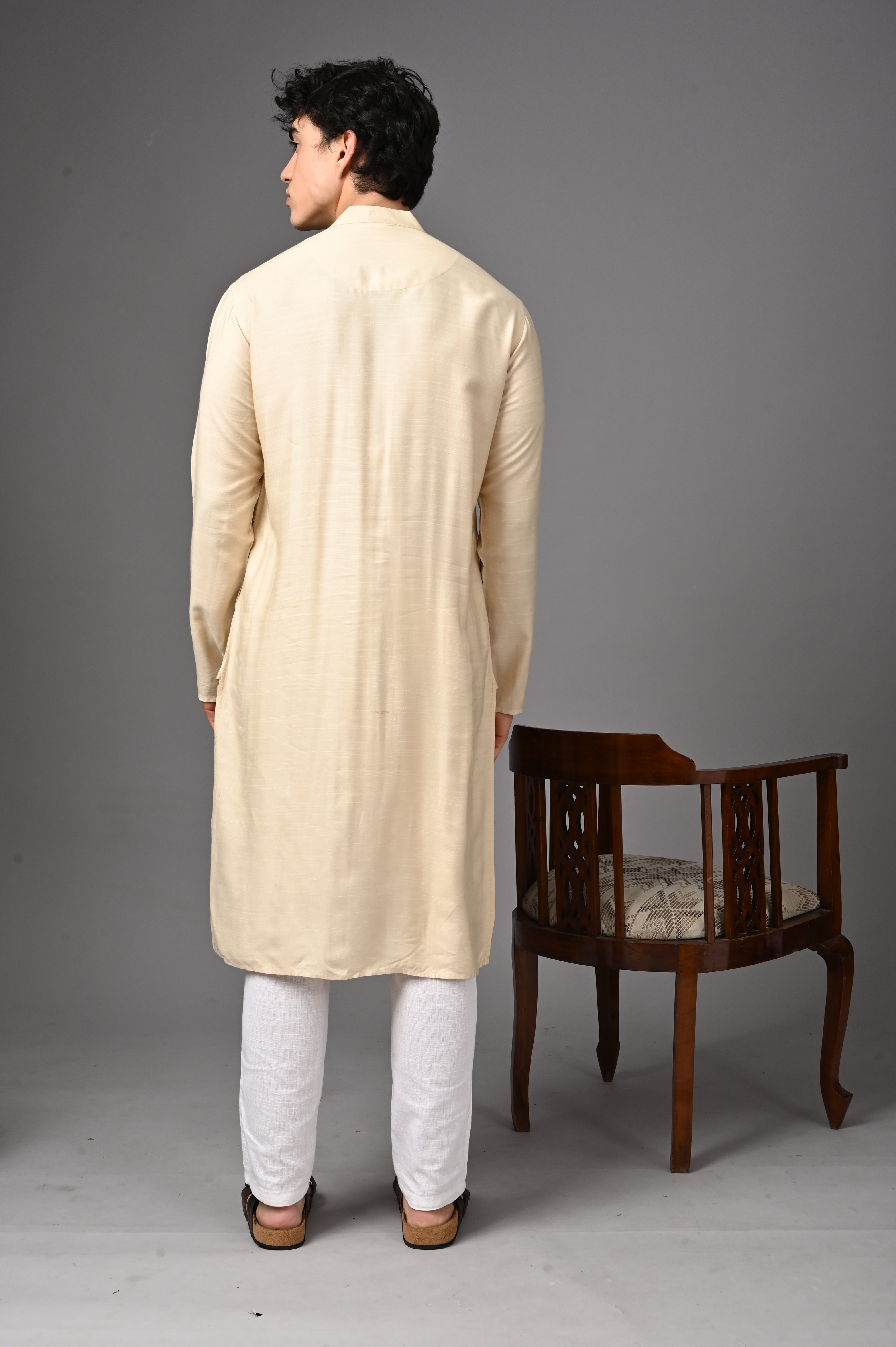 Cream Textured Silk Kurta